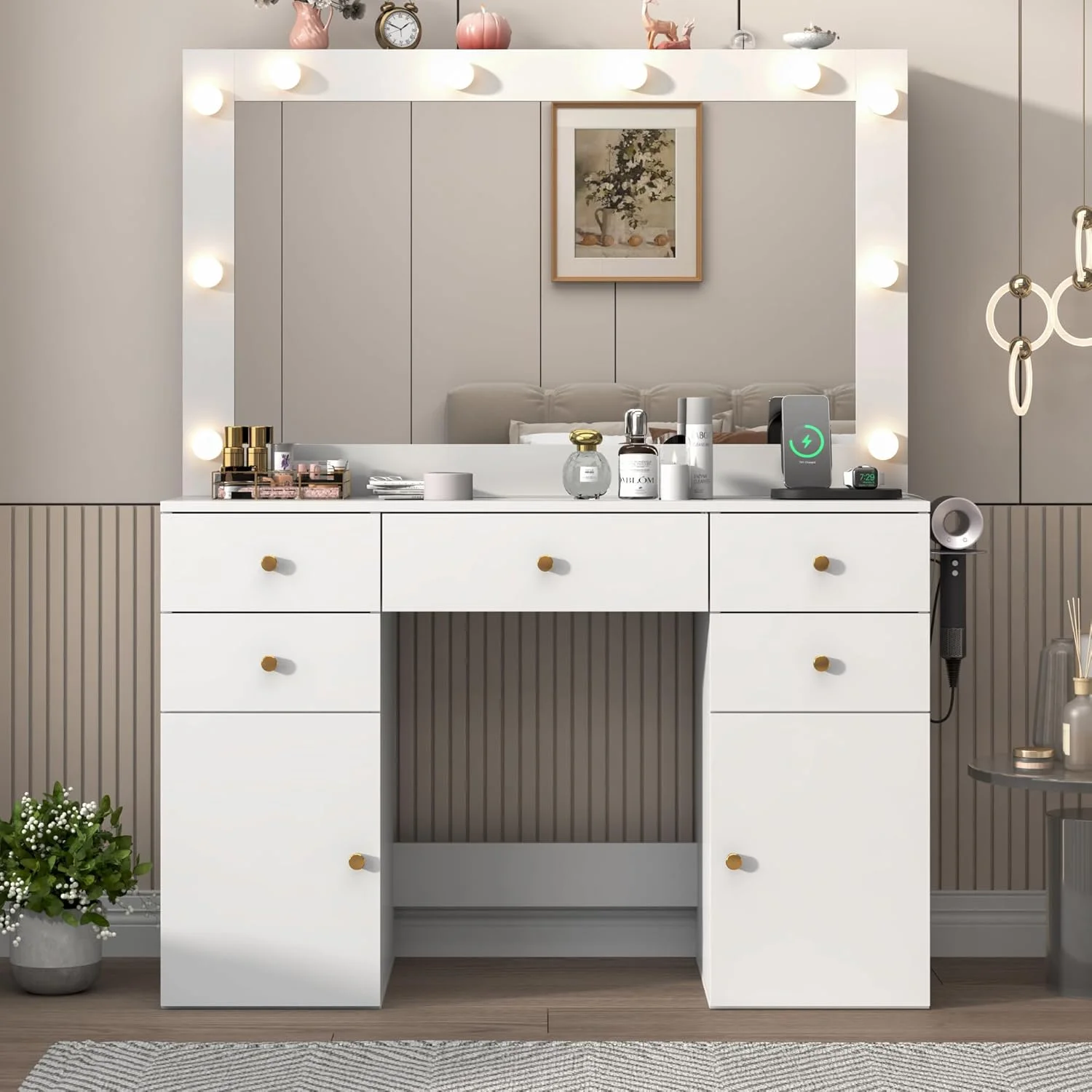 White Vanity Desk with Large Lighted Mirror & Power Outlet, Makeup Vanity Table with Glass Top & Drawers, Sliding Storage, 44.1