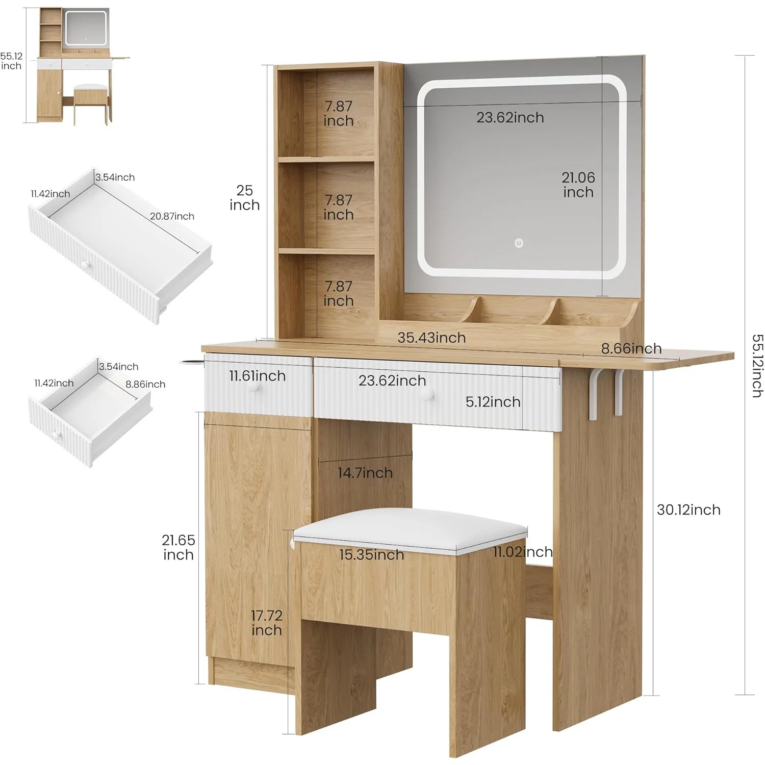 M optimized Vanity Desk with Mirror and Lights, Power Outlets Makeup Table with Drawers & Cabinet, Storage Stool, Dressing Table for Bedroom