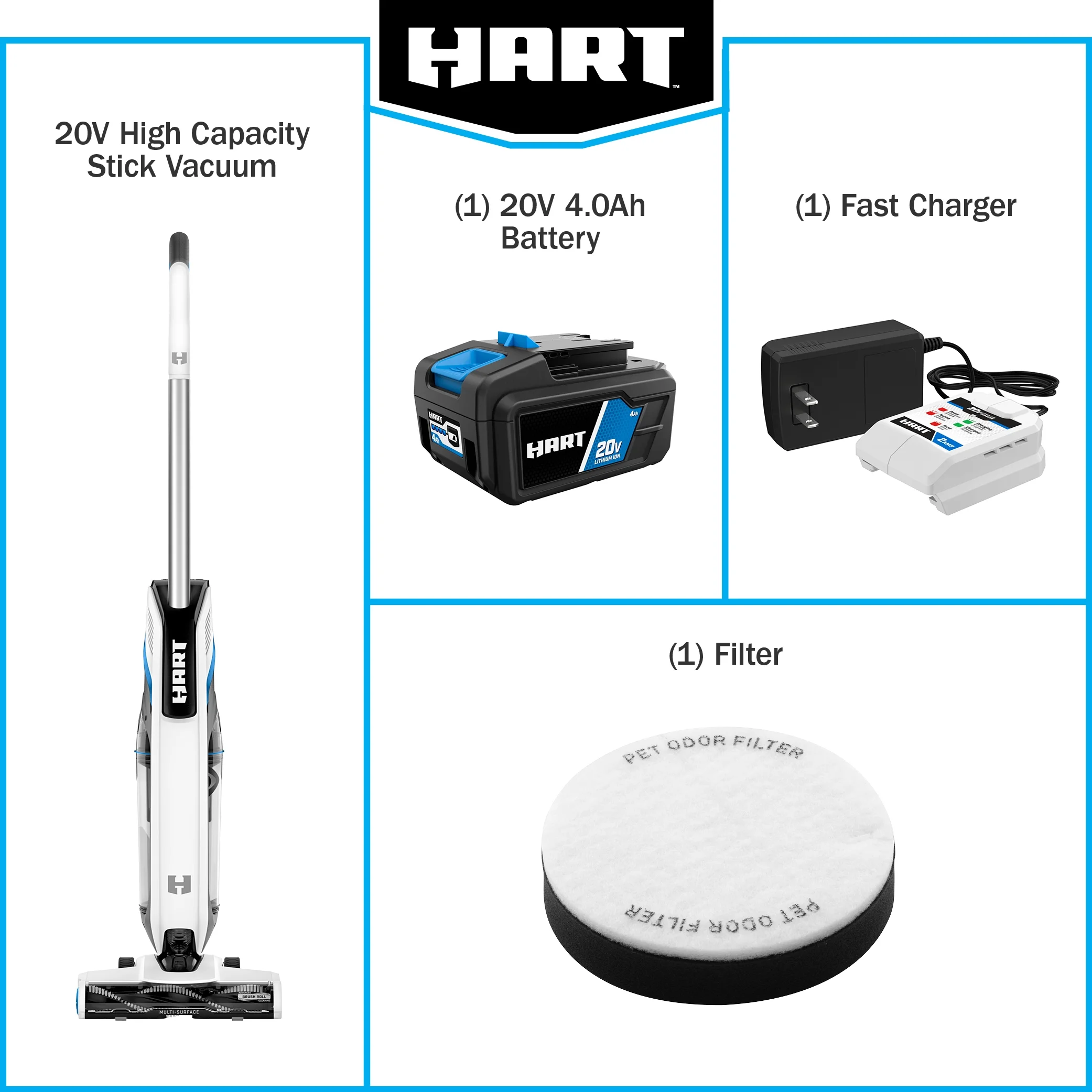 HART 20-Volt High Capacity Cordless Stick Vacuum Kit (1) 20-Volt 4.0AH Lithium-Ion Battery, Lightweight, Powerful Suction, Pet Hair, Hard Floor, Carpet, HEPA Filter, Self-Cleaning Brushroll
