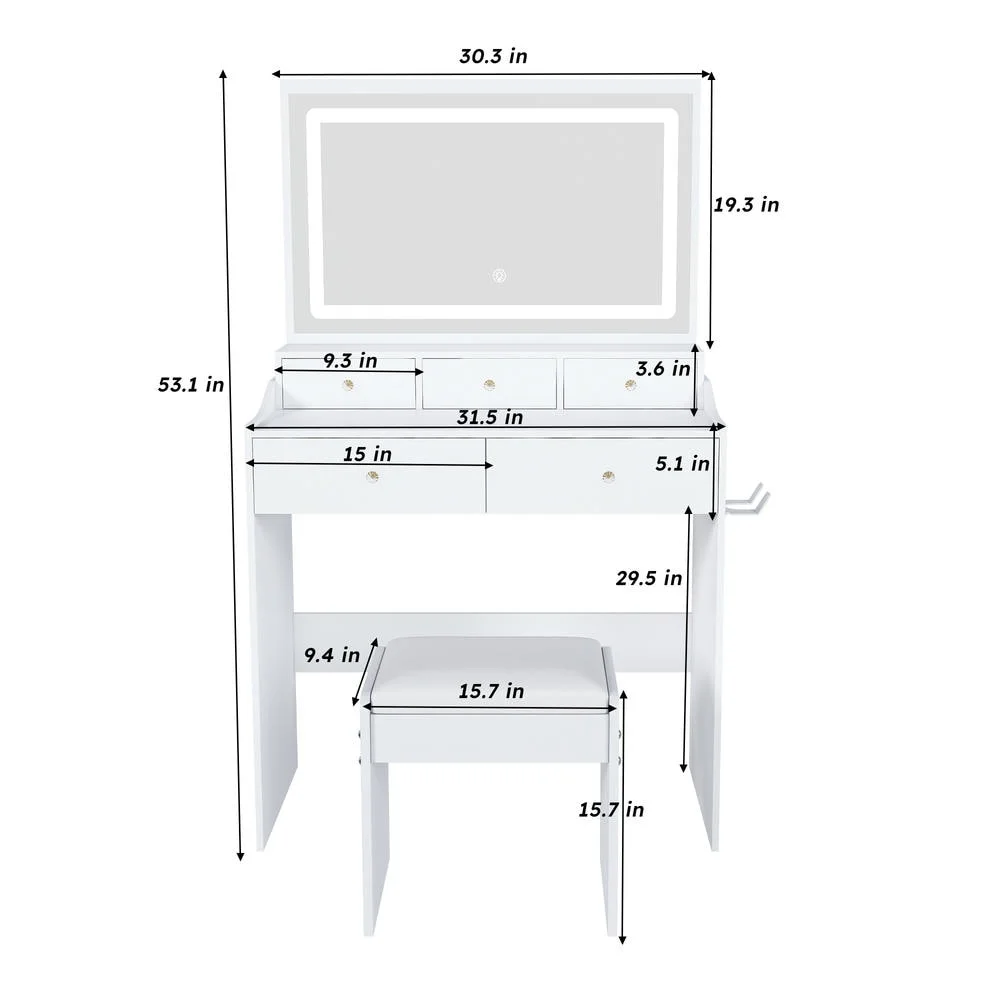 Kadyn Vanity Desk with Lighted Mirror, Vanity Table and Chair Set with 2 Drawers, Dressing Table Makeup Desk with 1 Door, Retro Gray