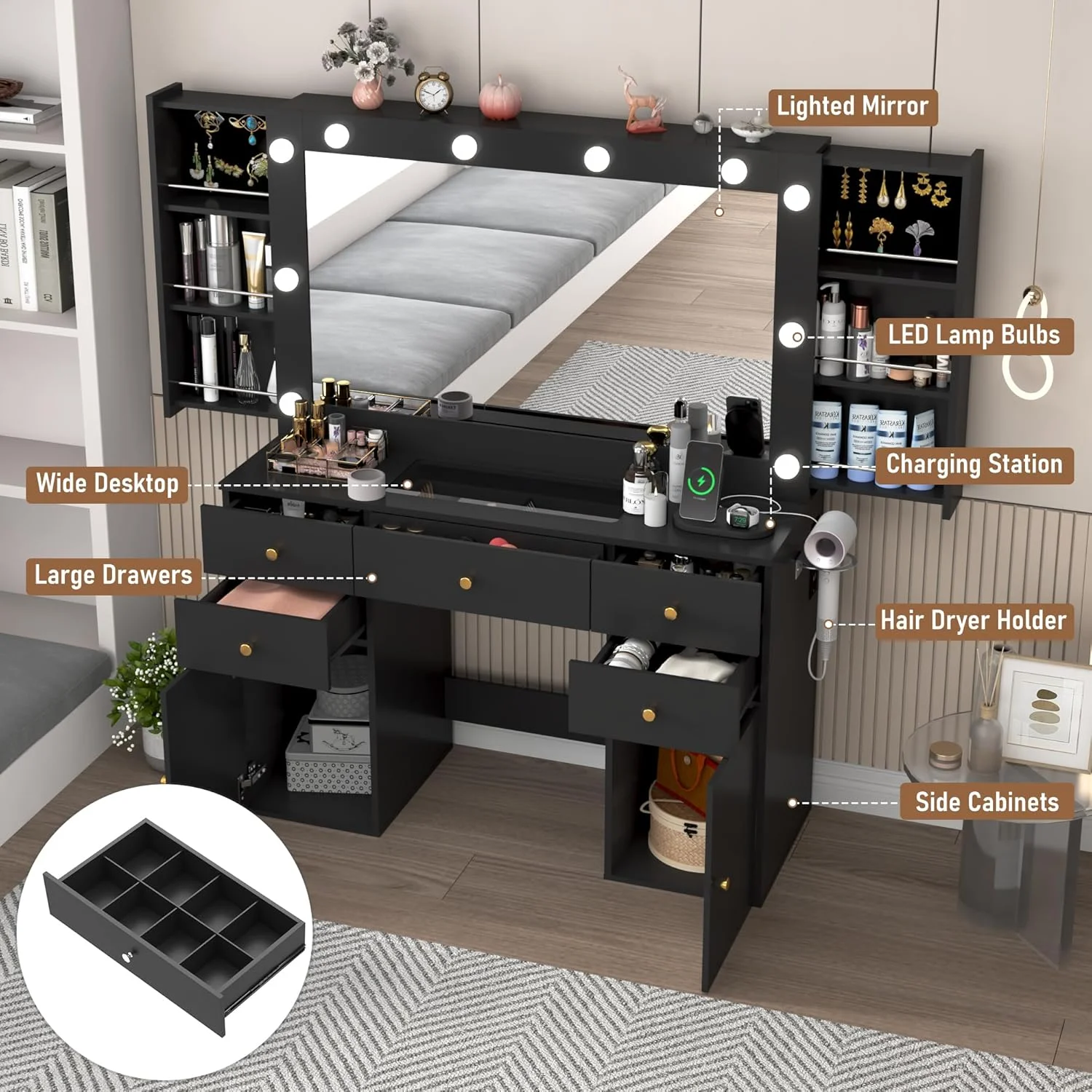 White Vanity Desk with Large Lighted Mirror & Power Outlet, Makeup Vanity Table with Glass Top & Drawers, Sliding Storage, 44.1