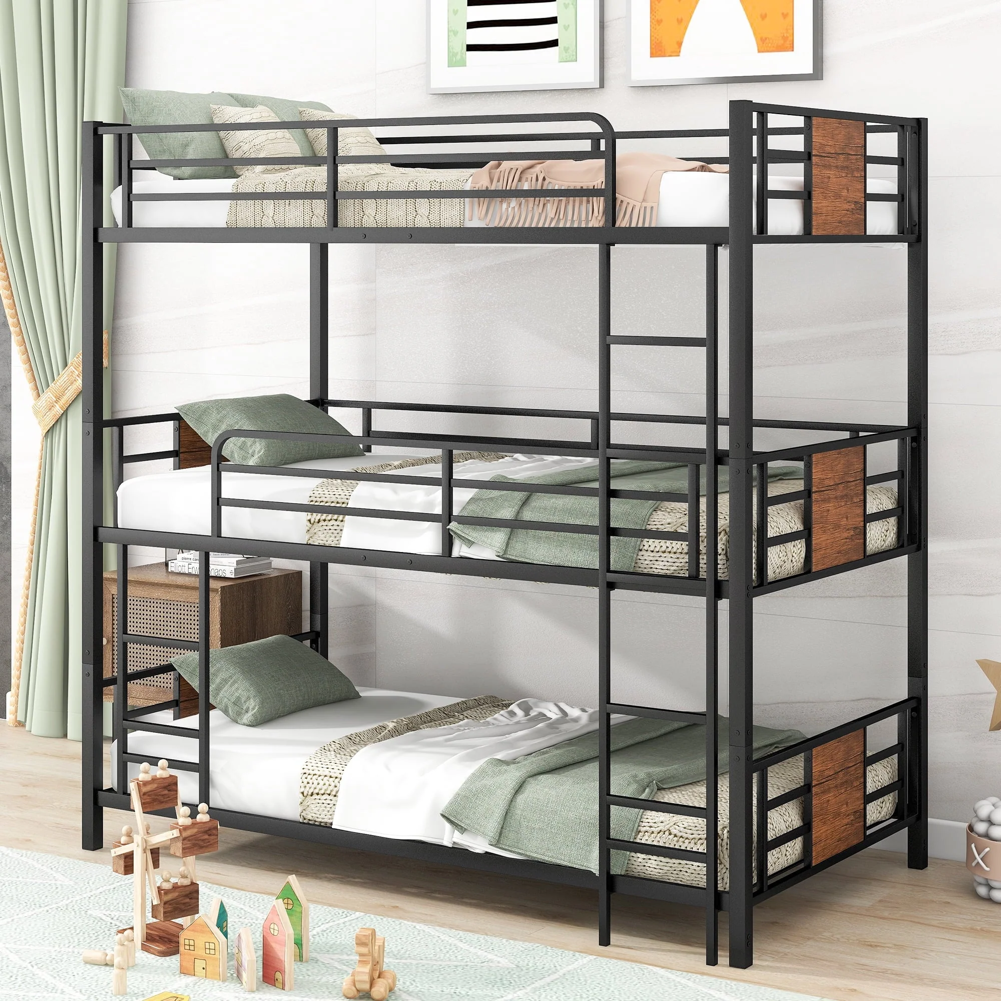 Euroco Metal Twin over Twin over Twin Bunk Bed, Triple Bed for Kids Room, Brown