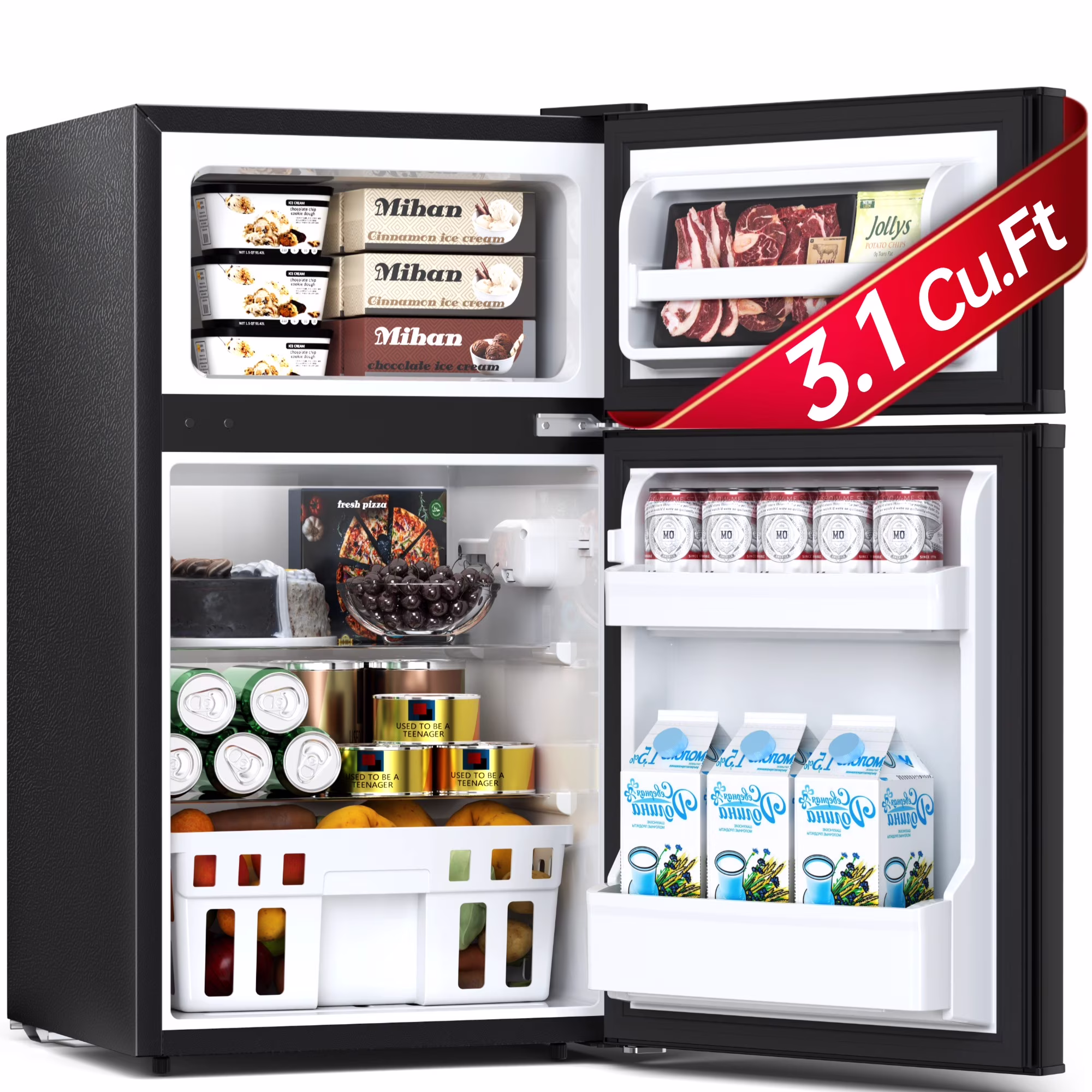 Auseo 3.1 Cu.Ft Double Door Mini Fridge with Freezer, Compact Retro Refrigerator for Dorm, Office, Bar, Bedroom, Black