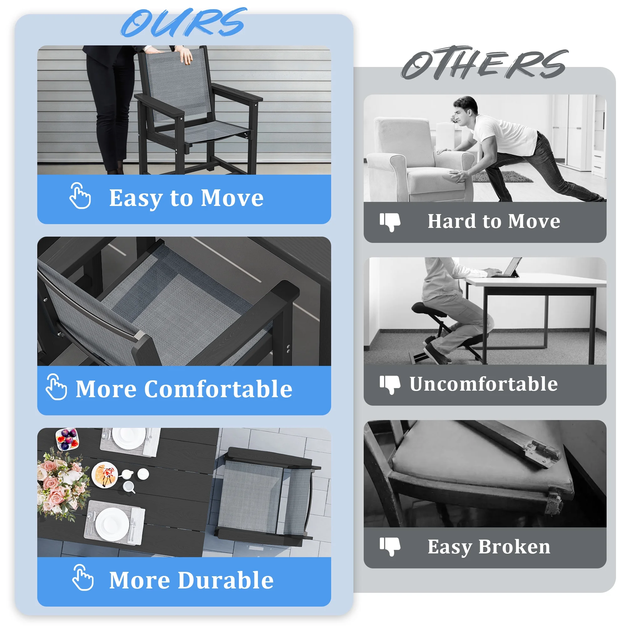 SERWALL Outdoor HDPE Dining Table Set, 7-Piece Outdoor Dining Table Sets with Umbrella Hole, Grey