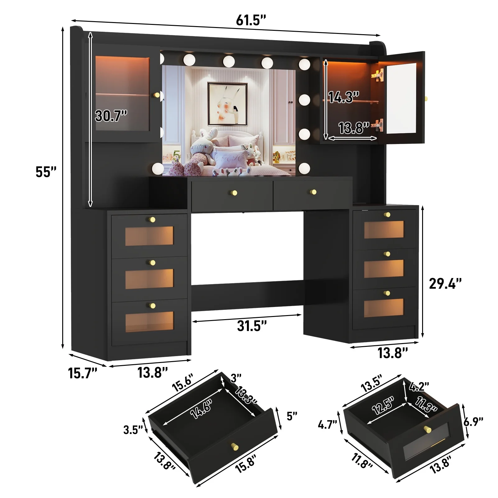 ChVans 62'' Large Vanity Desk with Tempered Glass Top, 11 LED Bulbs, Charging Station, Bedroom Makeup Vanity with 3 Lights Mode LED Mirror, 6 Translucent Drawers, 2 RGB cabinets for Women, Girls Gift