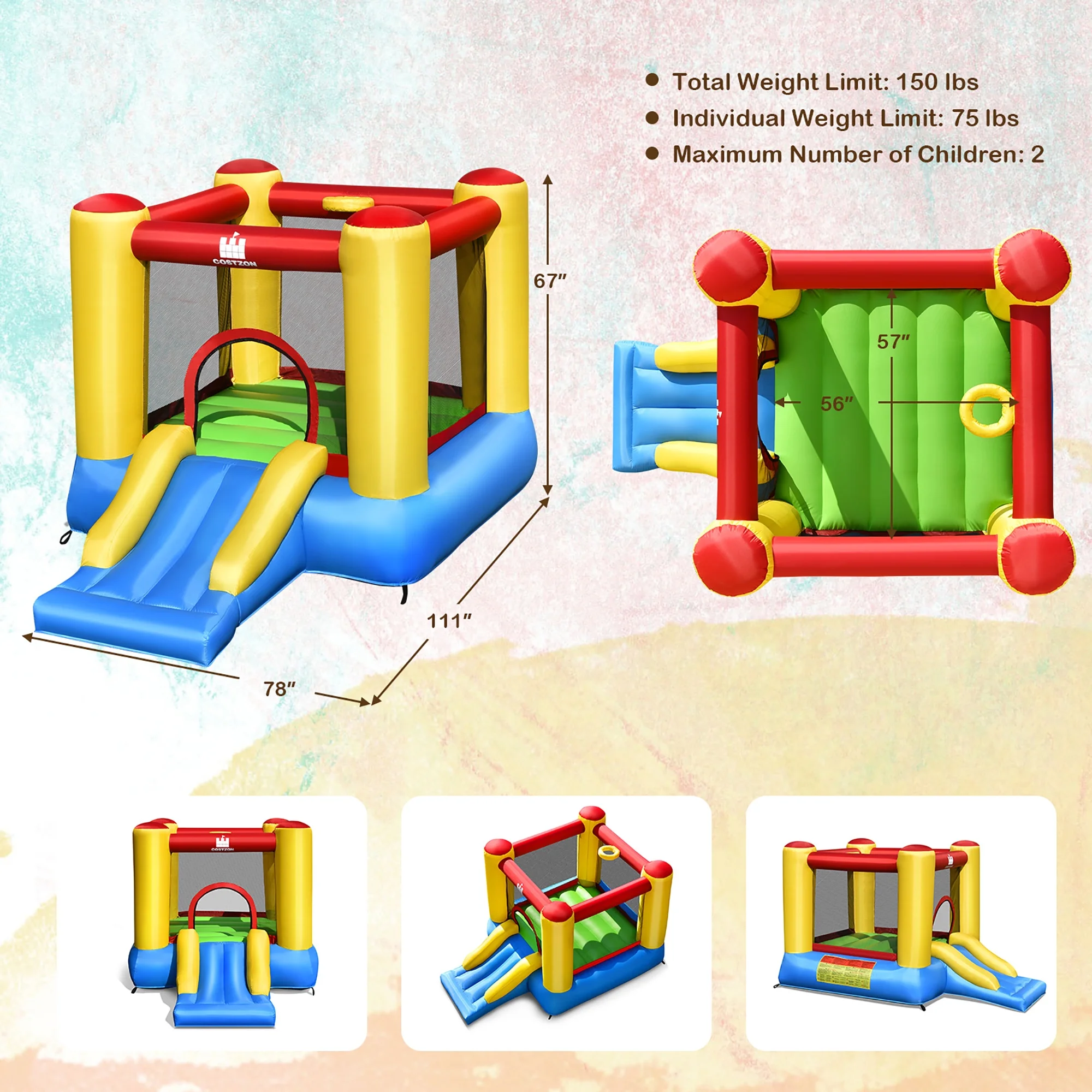 Costway Inflatable Bouncer Kids Bounce House Jumping Castle Slide with 480W Blower