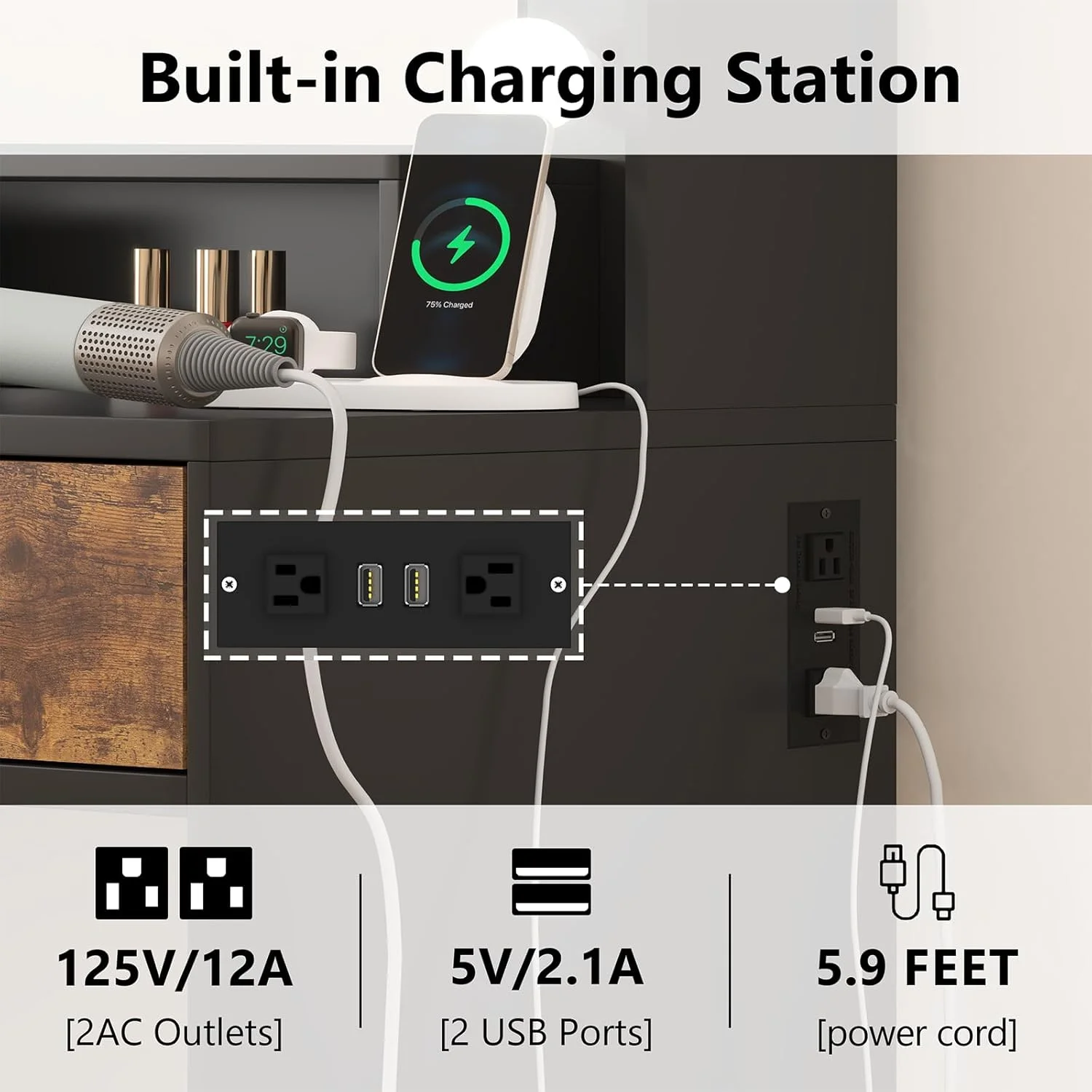 Makeup Vanity Desk with Mirror and Lights, White Vanity Desk with Charging Station, LED Cabinet, 5 Drawers & Storage Bag, Vanity Mirror with Lights Desk and Chair, Vanity Table Set with Stool