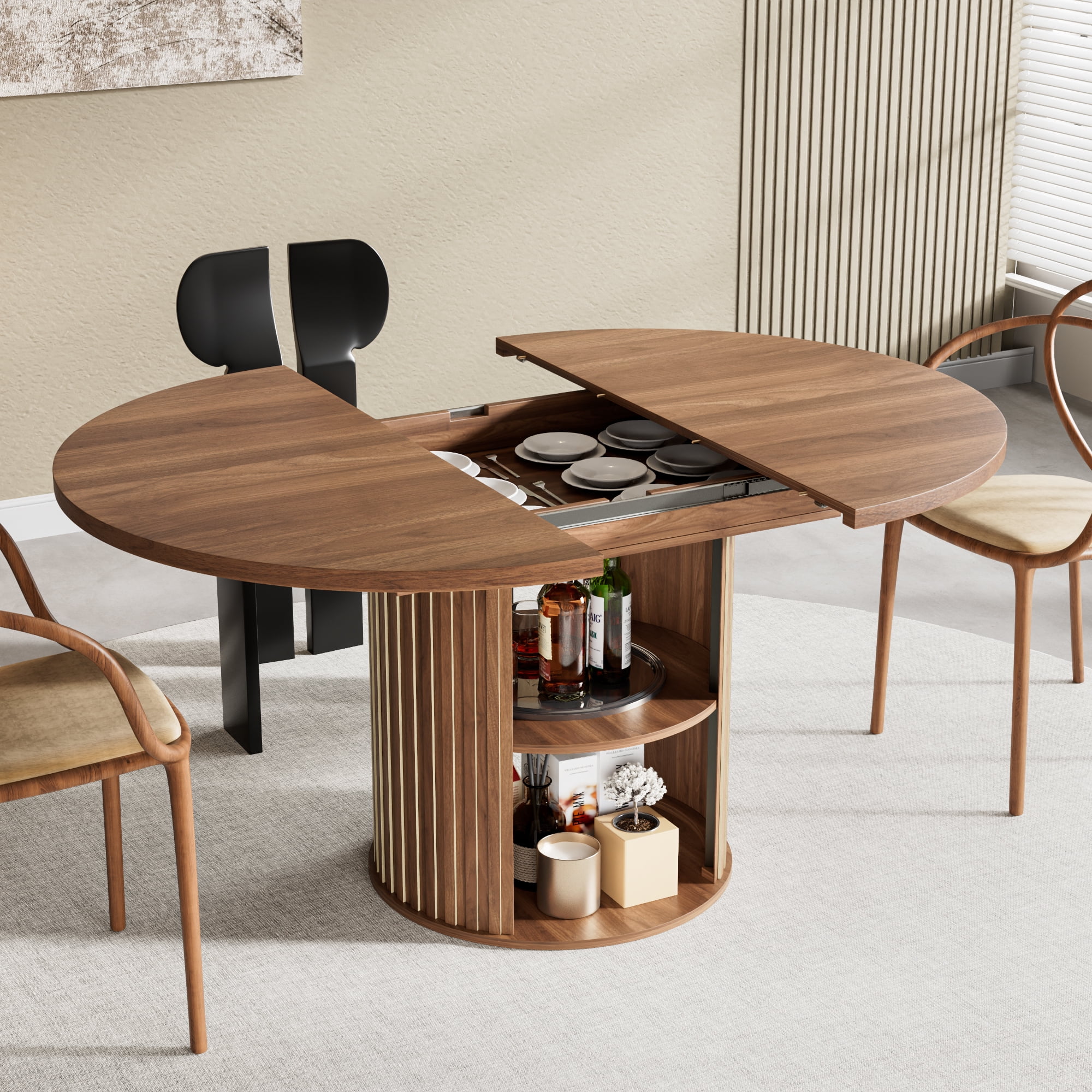 Extendable Dining Table for 4-6, Round Kitchen Table with Storage Shelf, Oval Dining Tables for Living Room (Walnut)