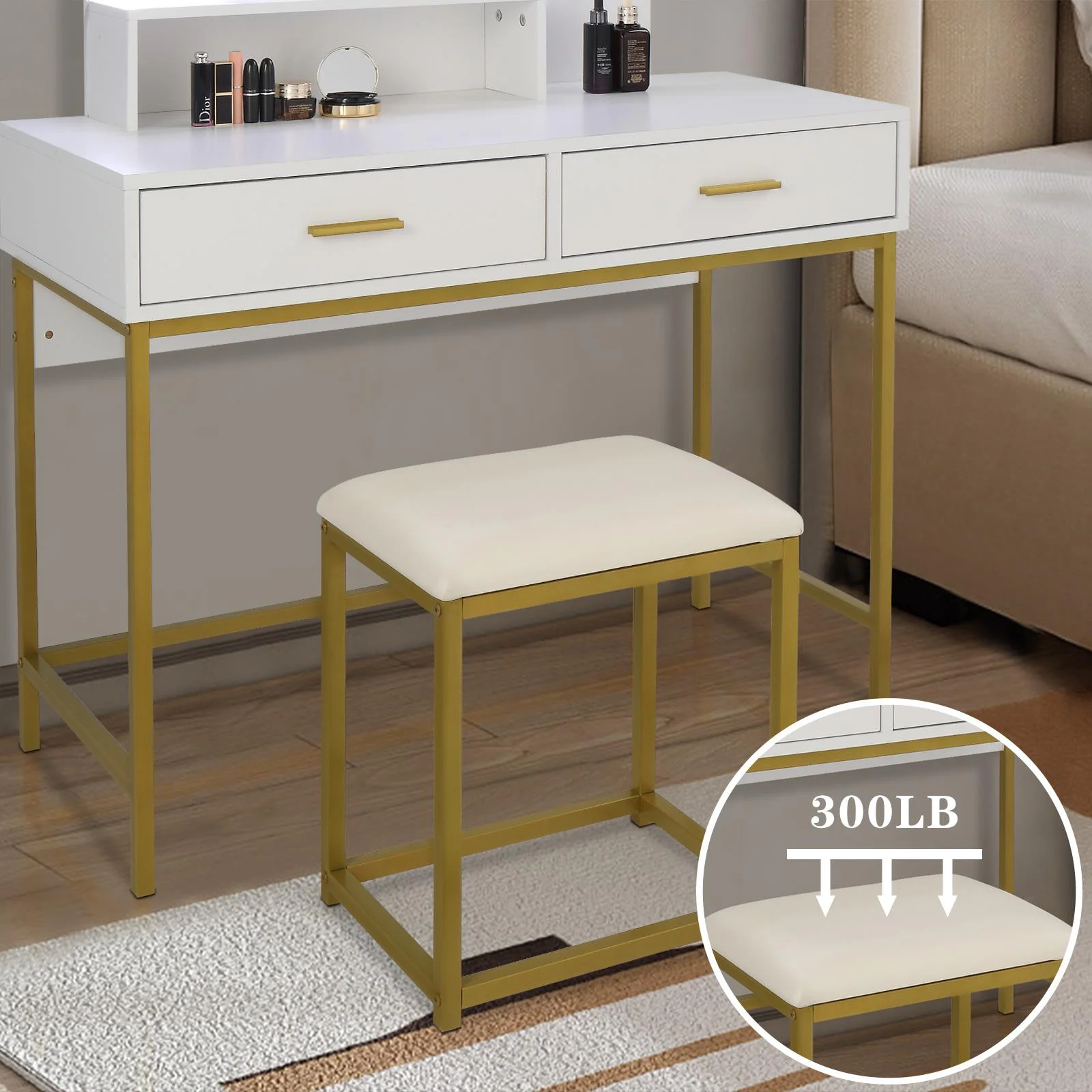 Ktaxon Lighted Makeup Vanity, White Vanity Table Set with 2 Drawer and Charging Station, Femal Gift