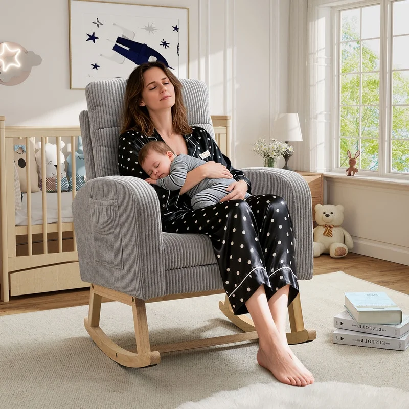 FFH Rocking Chair Nursery, Tufted Accent Rocker Chair, Upholstered Armchair with Adjustable Footrest, Side Pocket, High Backrest, Padded Seat, Polyester Blend (Retro, Dark Gray)