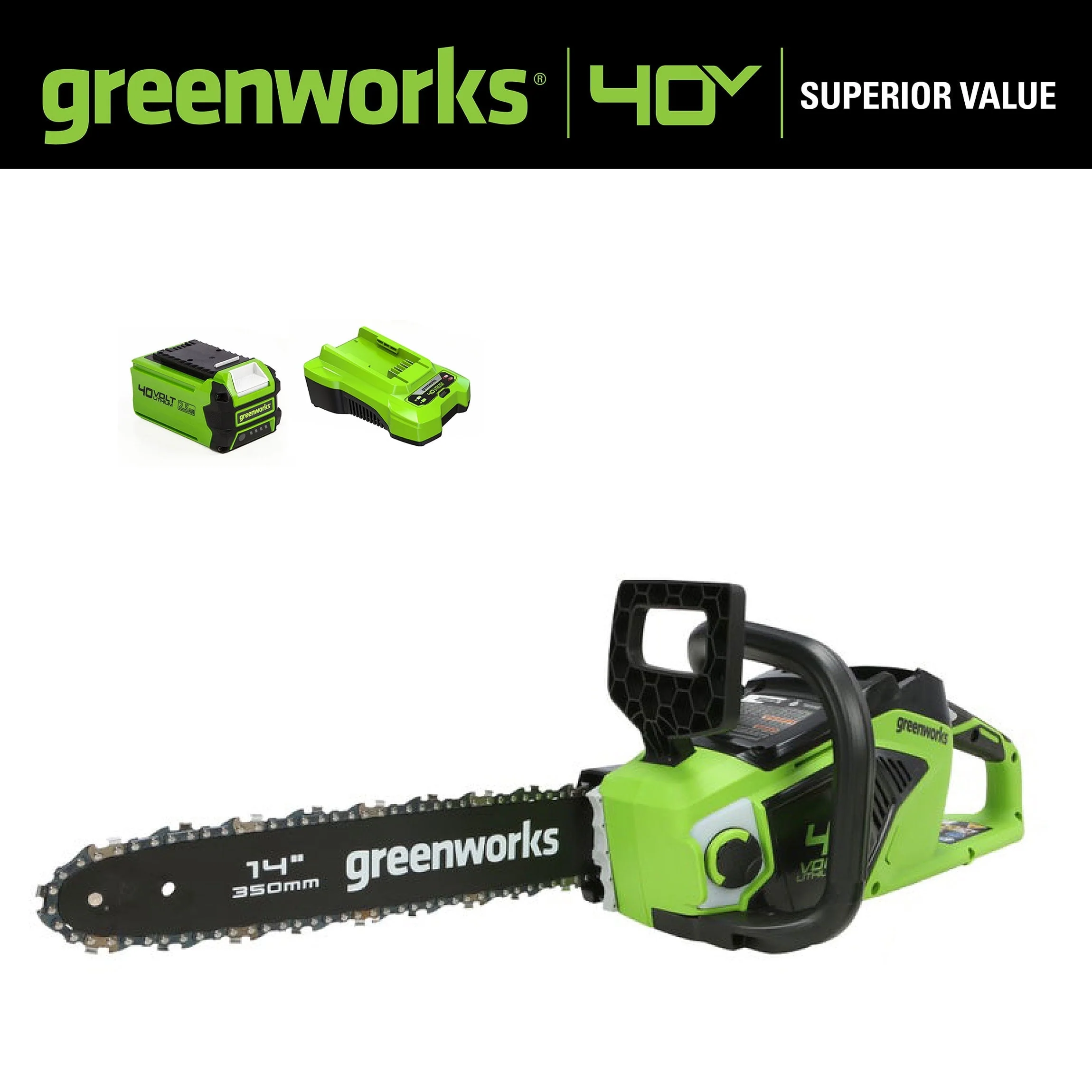 Greenworks 40V 14-inch Brushless Chainsaw with 2.5 Ah Battery and Charger, 2012802