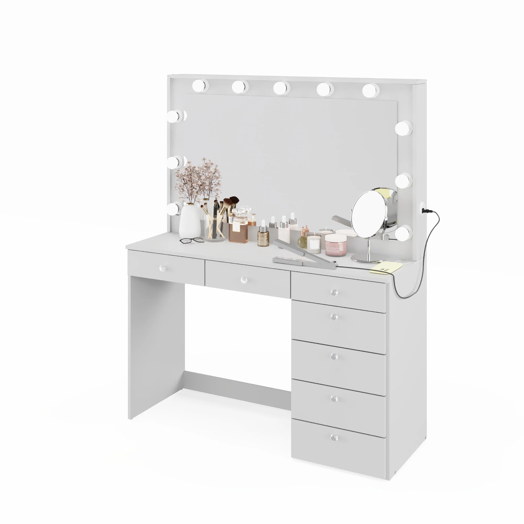 Boahaus GRWM Diana White Makeup Vanity with 7 Drawers, Mirror, Lights & Charging Station
