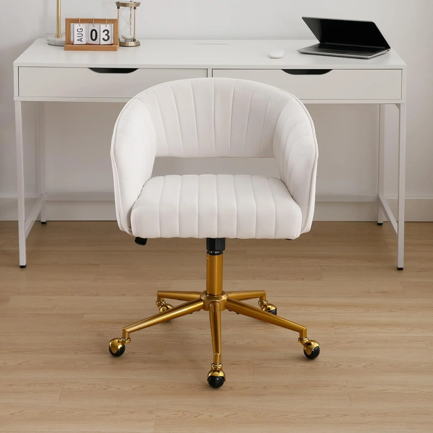 Westice Home Office Desk Chairs, Velvet Task Chair, Height Adjustable Swivel Vanity Chair with Golden Base for Vanity Study, Living Room Computer Room, Beige