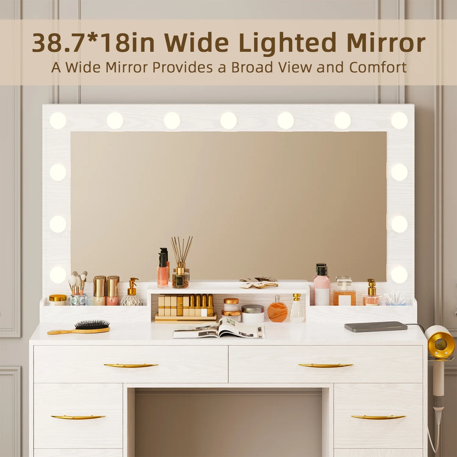 Tomnk woo White Makeup Vanity Desk with Large Mirror, Adjustable Lights, Storage Drawers & Power Outlets