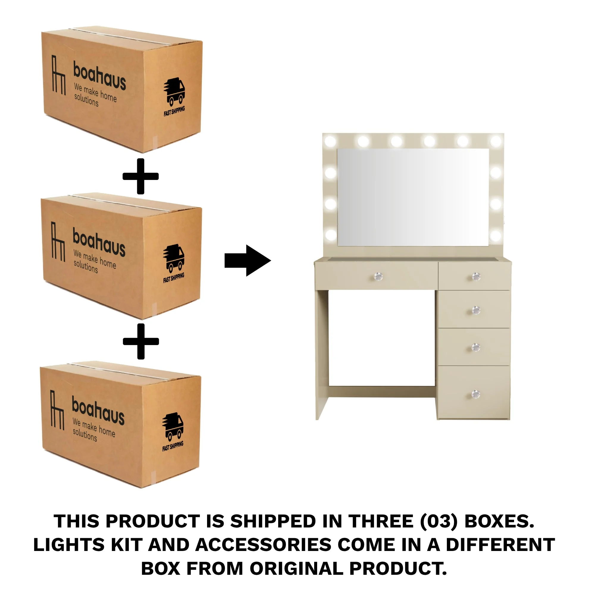 Ember Interiors Ghada Modern Brown Makeup Vanity Desk with Built-in Lights and USB Port for Bedroom