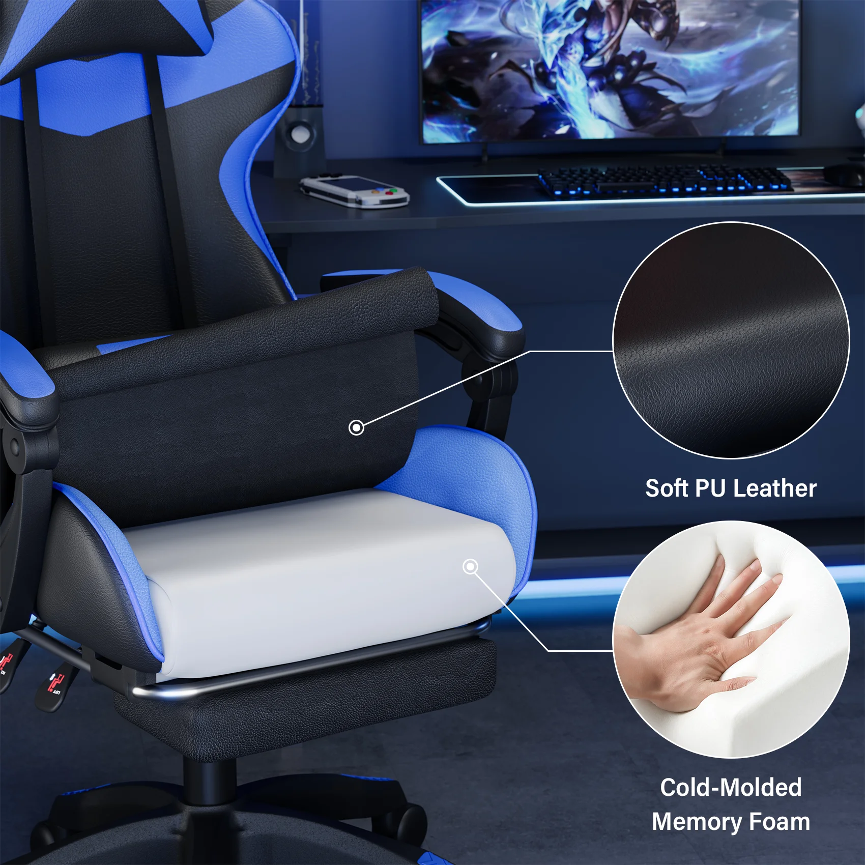 Mr IRONSTONE Office Gaming Chair with Footrest & Lumbar Support, Ergonomic Adjustable Computer Chair with Swivel Seat & Headrest, Blue