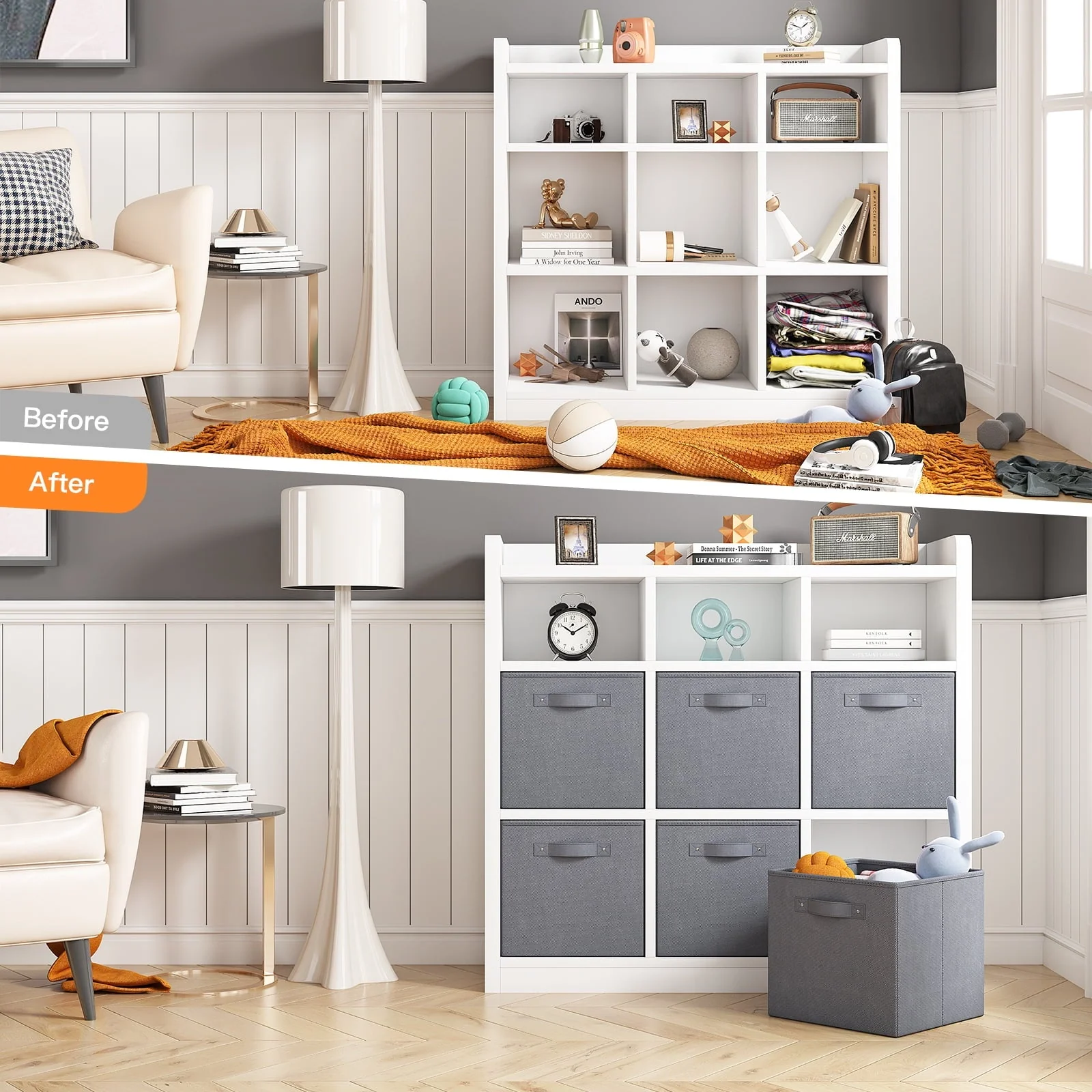 EnHomee 9 Cube Storage Organizer Cubby Storage 9 Cube bookshelf With Bins For Bedroom Livingroom White Cubby Storage for Home, White Finish