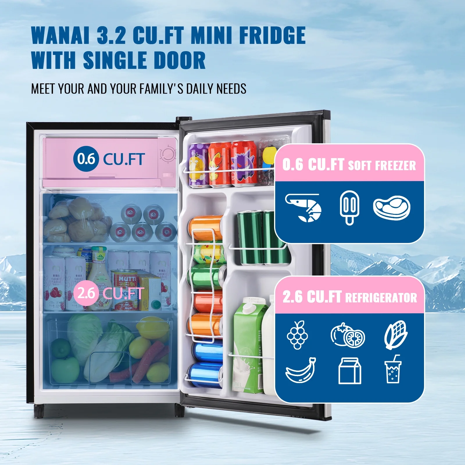 WANAI 3.2 Cu.ft Mini Refrigerator with 5 Temp Control Small Fridge Compact Size for Any Room Silver
