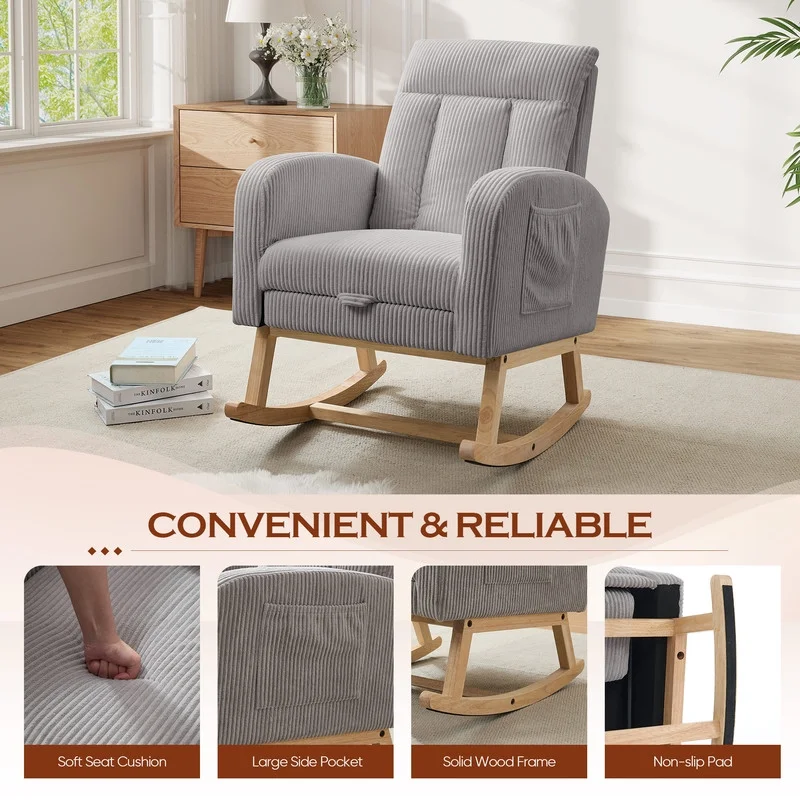 FFH Rocking Chair Nursery, Tufted Accent Rocker Chair, Upholstered Armchair with Adjustable Footrest, Side Pocket, High Backrest, Padded Seat, Polyester Blend (Retro, Dark Gray)