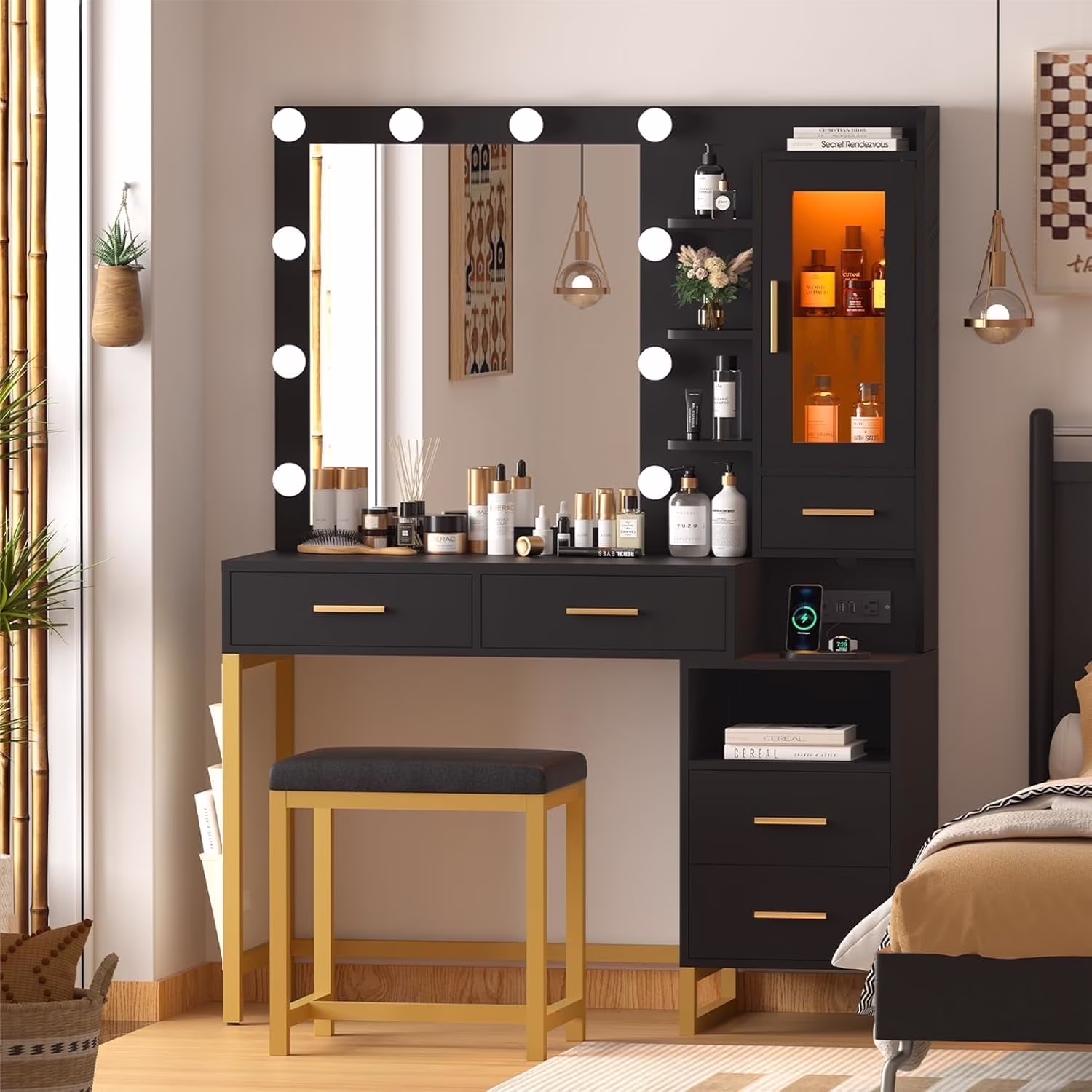 Makeup Vanity Desk with Mirror and Lights, White Vanity Desk with Charging Station, LED Cabinet, 5 Drawers & Storage Bag, Vanity Mirror with Lights Desk and Chair, Vanity Table Set with Stool