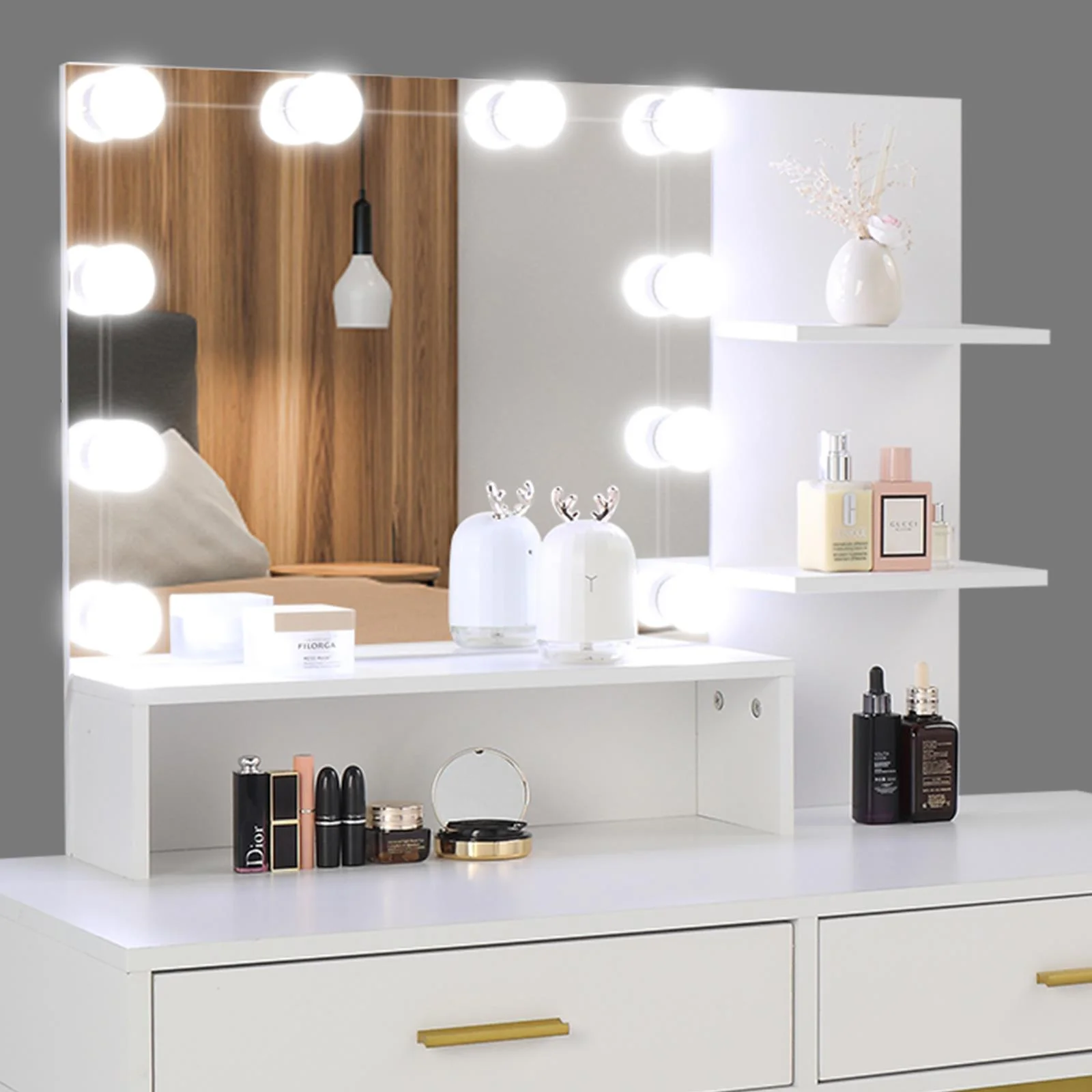 Ktaxon Lighted Makeup Vanity, White Vanity Table Set with 2 Drawer and Charging Station, Femal Gift