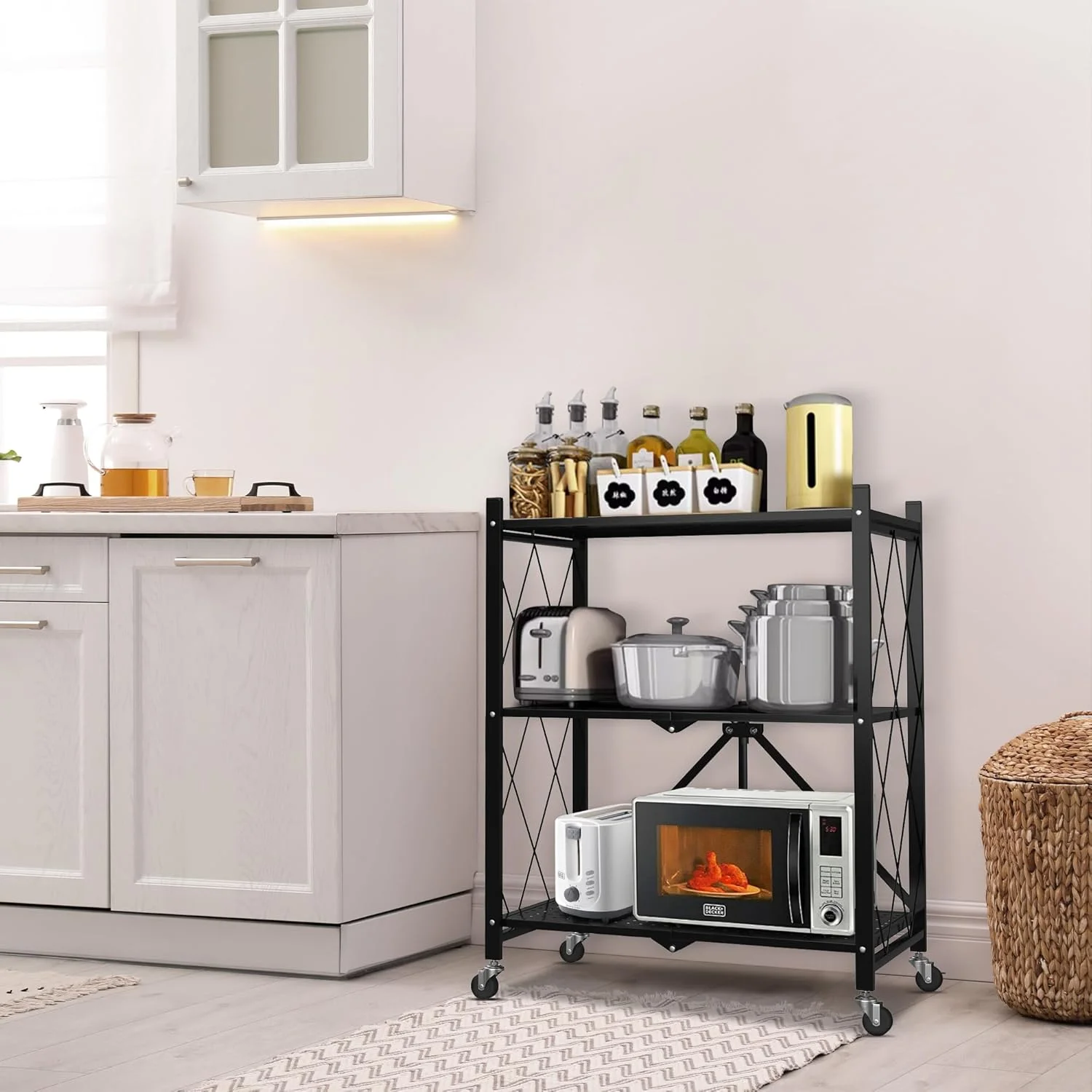 Foldable 4-Tier Storage Shelves with Wheels, No Assembly Bookshelf, Heavy Duty Kitchen Racks and Shelves, Rolling Microwave Cart, White