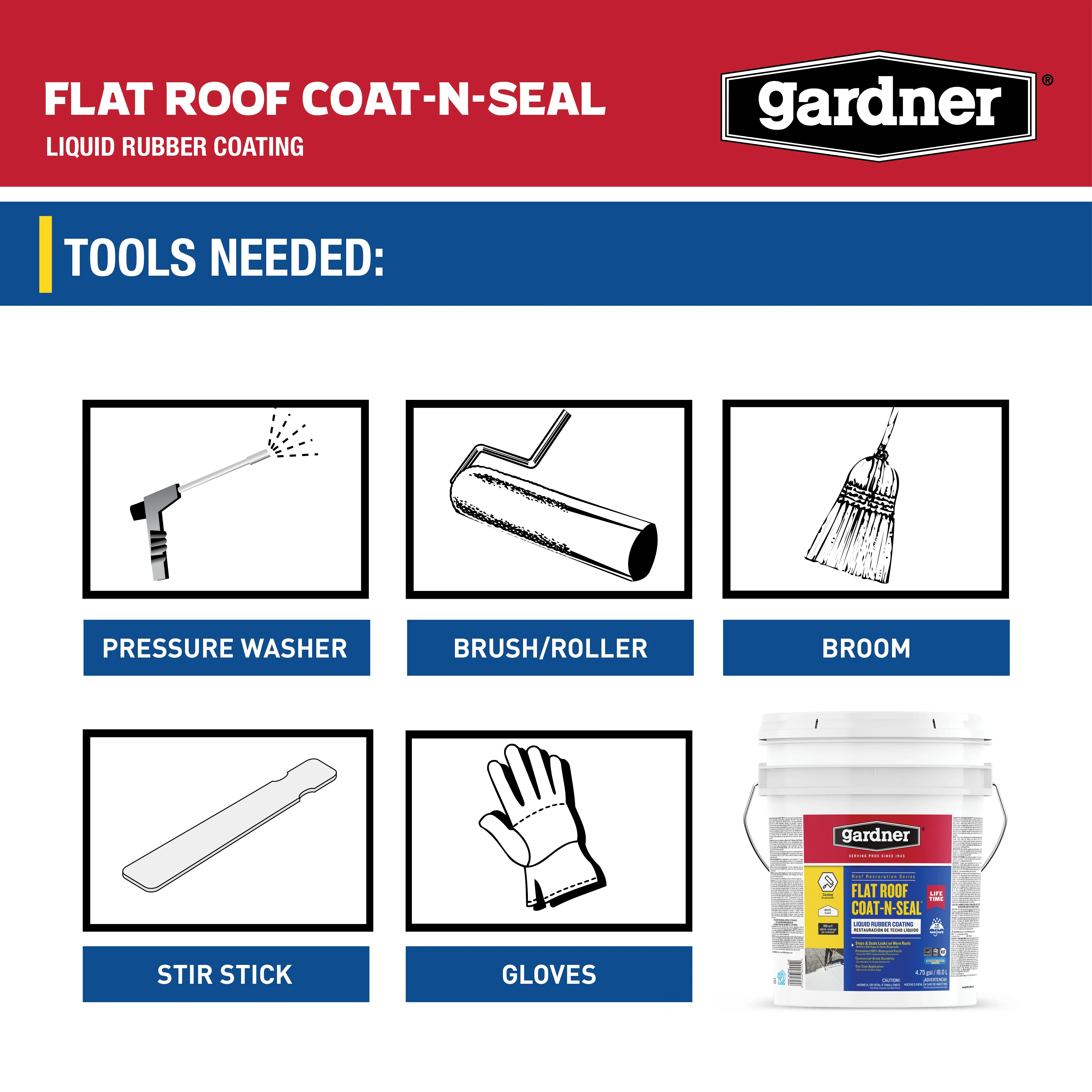 GARDNER Flat Roof Coat-N-Seal Liquid Rubber Coating, White, 5 Gallon