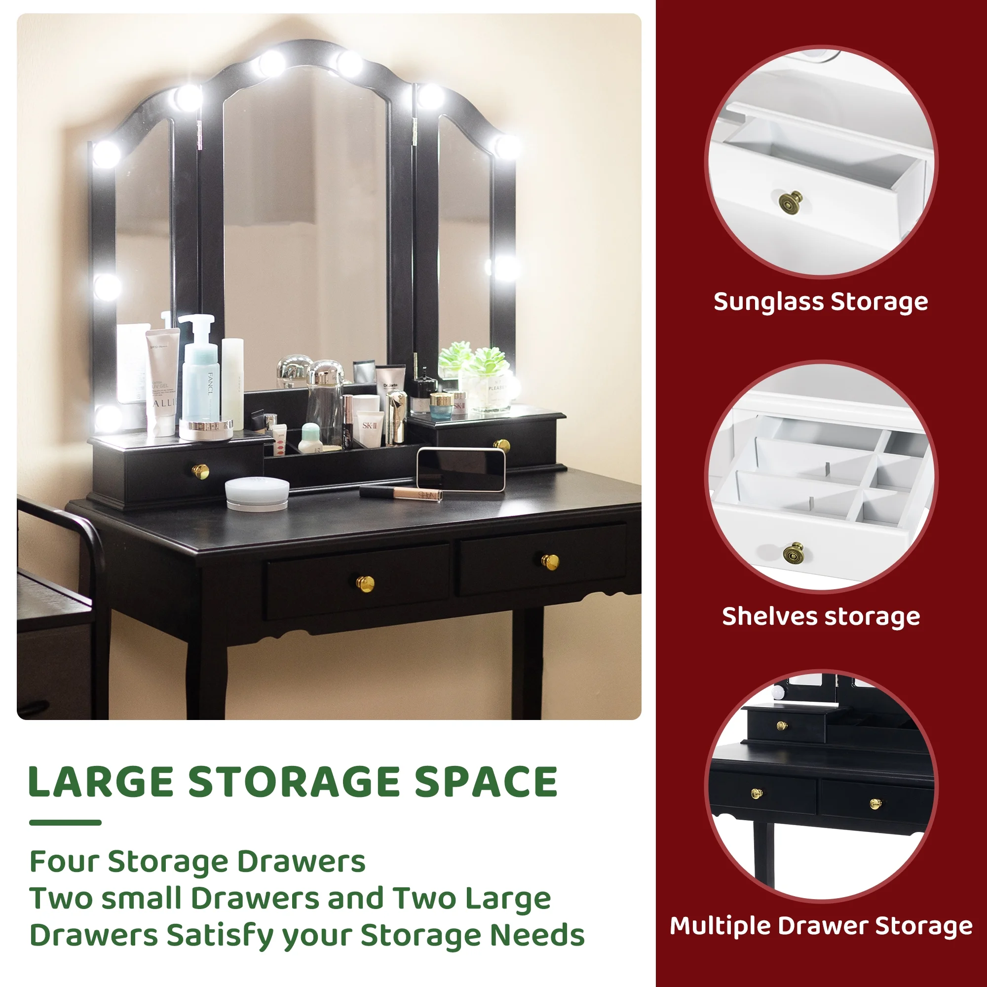 LilyFantasy Makeup Vanity with Lights, Vanity Desk with Cushioned Stool, Tri-fold Vanity Table Set with 4 Drawers, 3 Adjustable Light Modes, 2 Brush Slots, 2 Open Compartments for Girls, Women, White