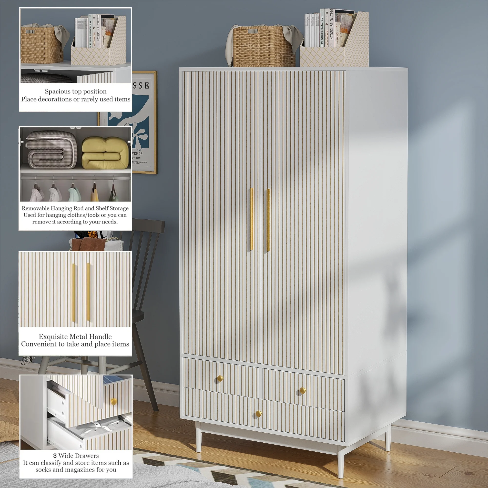 Armoire Wardrobe Closet, Closet Wardrobe Cabinet with Drawers and Hanging Rail for Bedroom, White