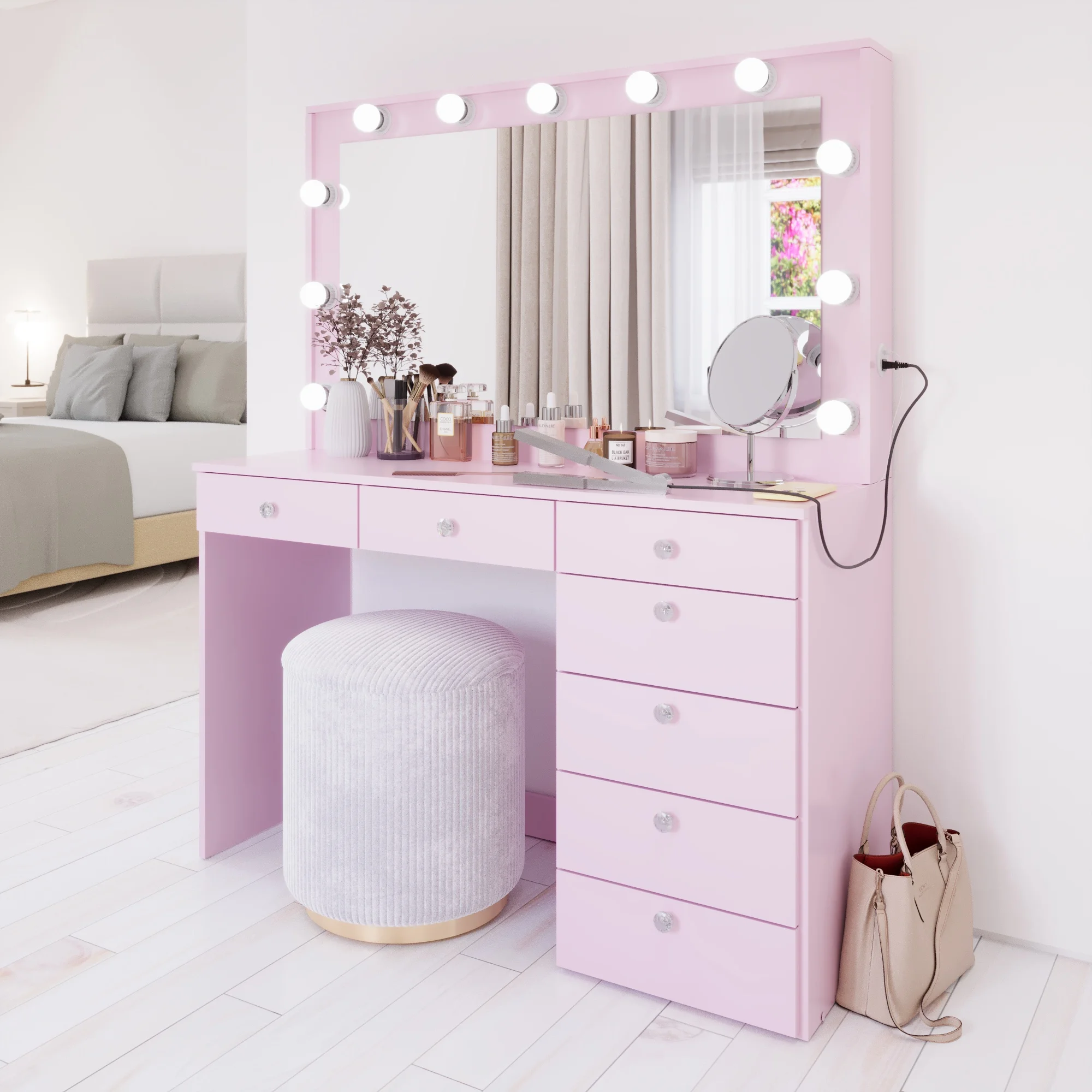 Boahaus GRWM Diana White Makeup Vanity with 7 Drawers, Mirror, Lights & Charging Station