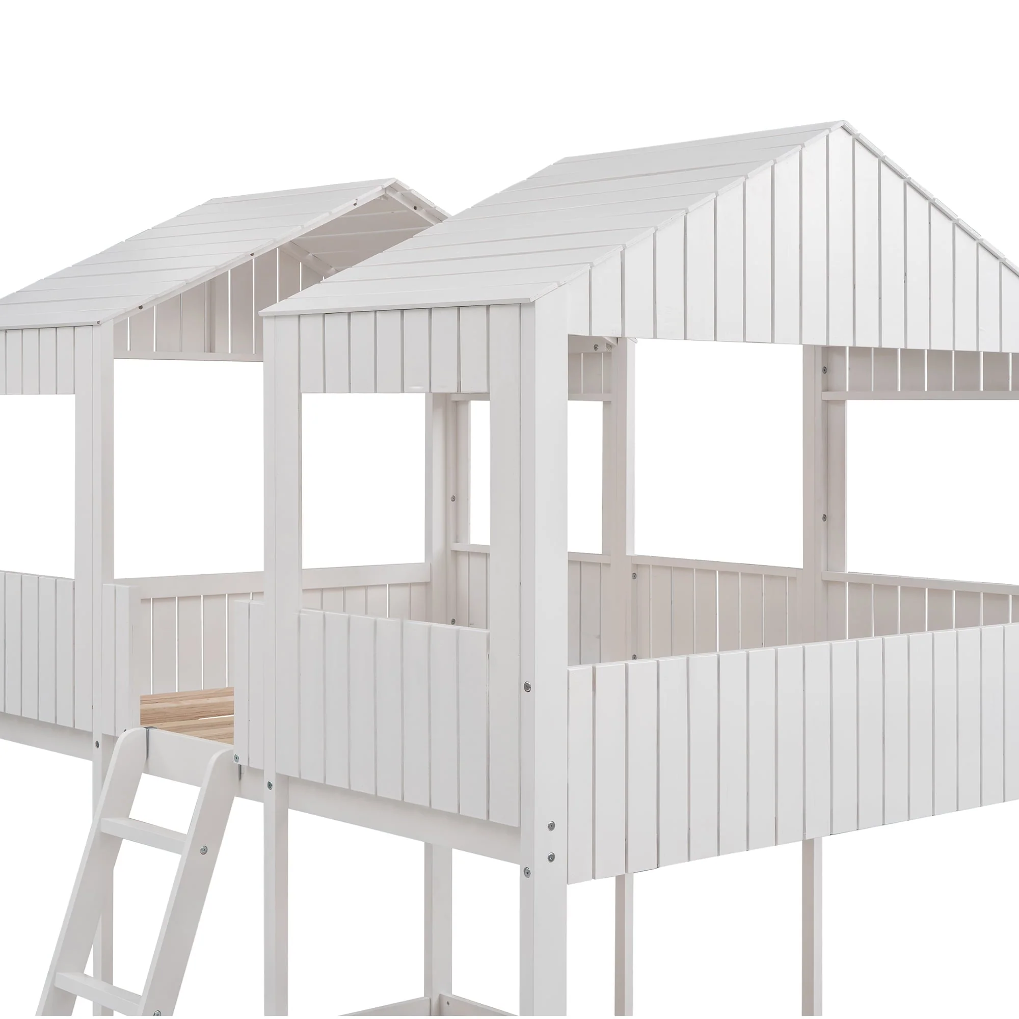 Full Over Full Bunk Bed House Bed with Dual Roofs, Wood Loft Bed Frame with Full-Length Guardrails & Inclined Ladder, Space Saving Design, No Box Spring Needed, White