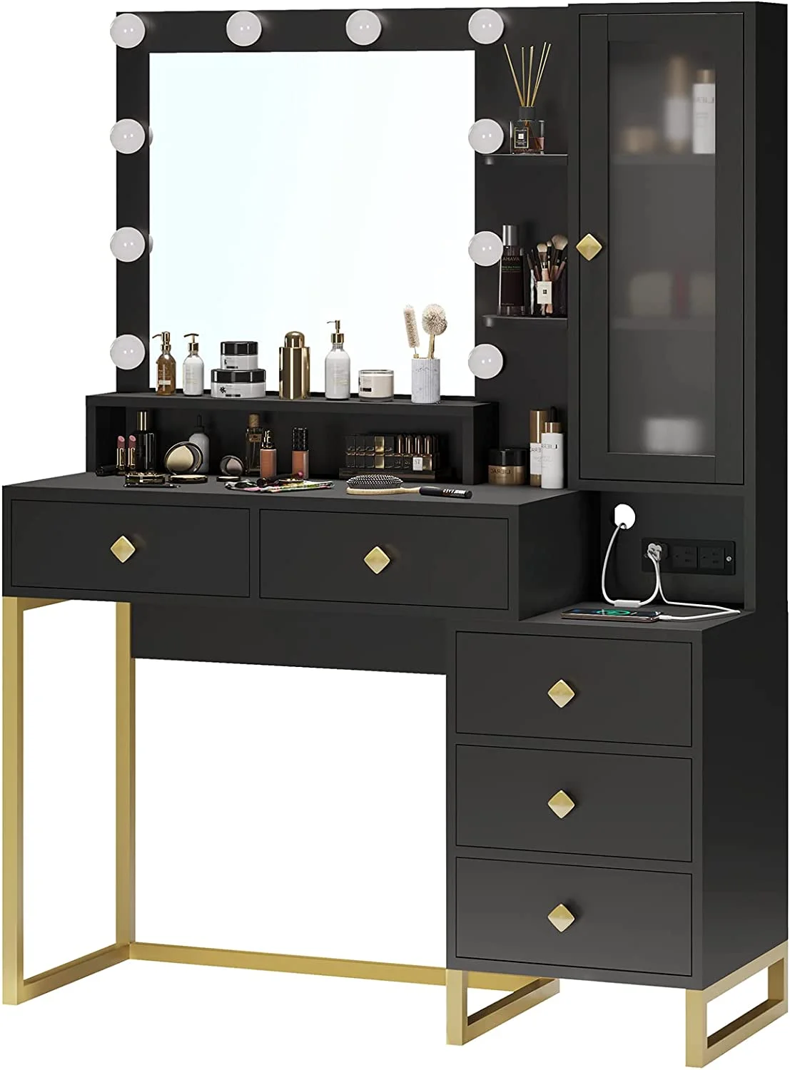 Afuhokles Large Makeup Vanity with Lights, Vanity Table with Charging Station Vanity Desk with Mirror and 10 LED Light Bulbs, 5 Drawers, White