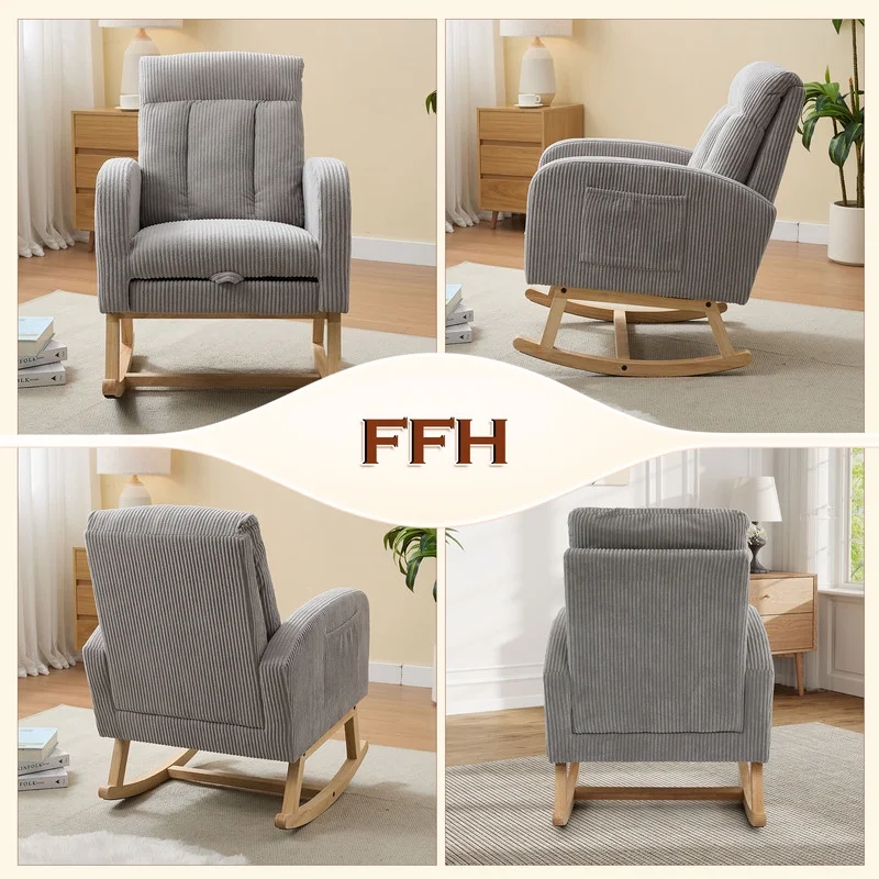 FFH Rocking Chair Nursery, Tufted Accent Rocker Chair, Upholstered Armchair with Adjustable Footrest, Side Pocket, High Backrest, Padded Seat, Polyester Blend (Retro, Dark Gray)