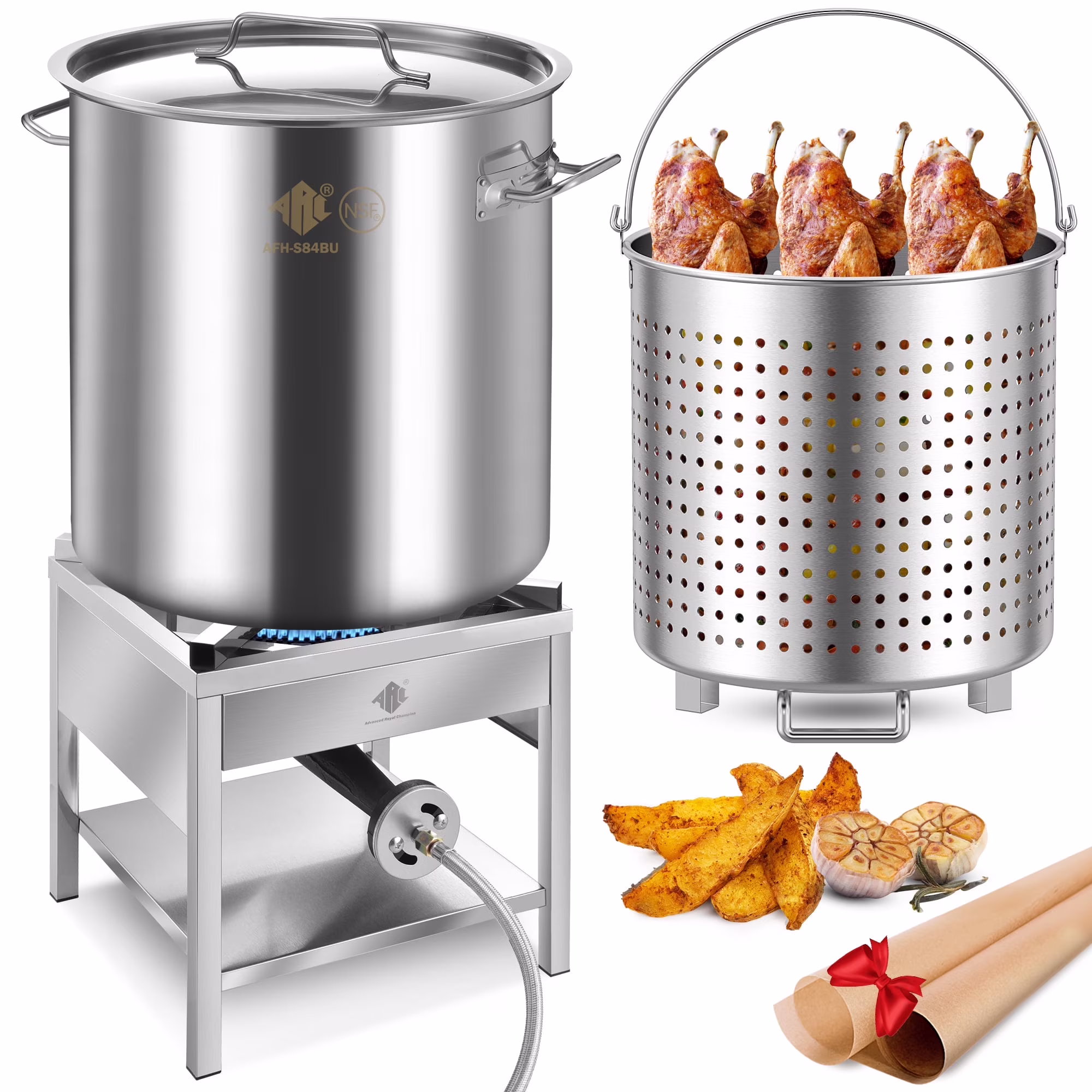 84QT Stainless Steel Seafood Boil Pot with 200,000BTU Propane Burner, w/Basket for Outdoor Deep Fryer, Large Cooking Pot for Turkey Fryer, Crab, Crawfish, Shrimp, Lobster Boiling Stock Pot