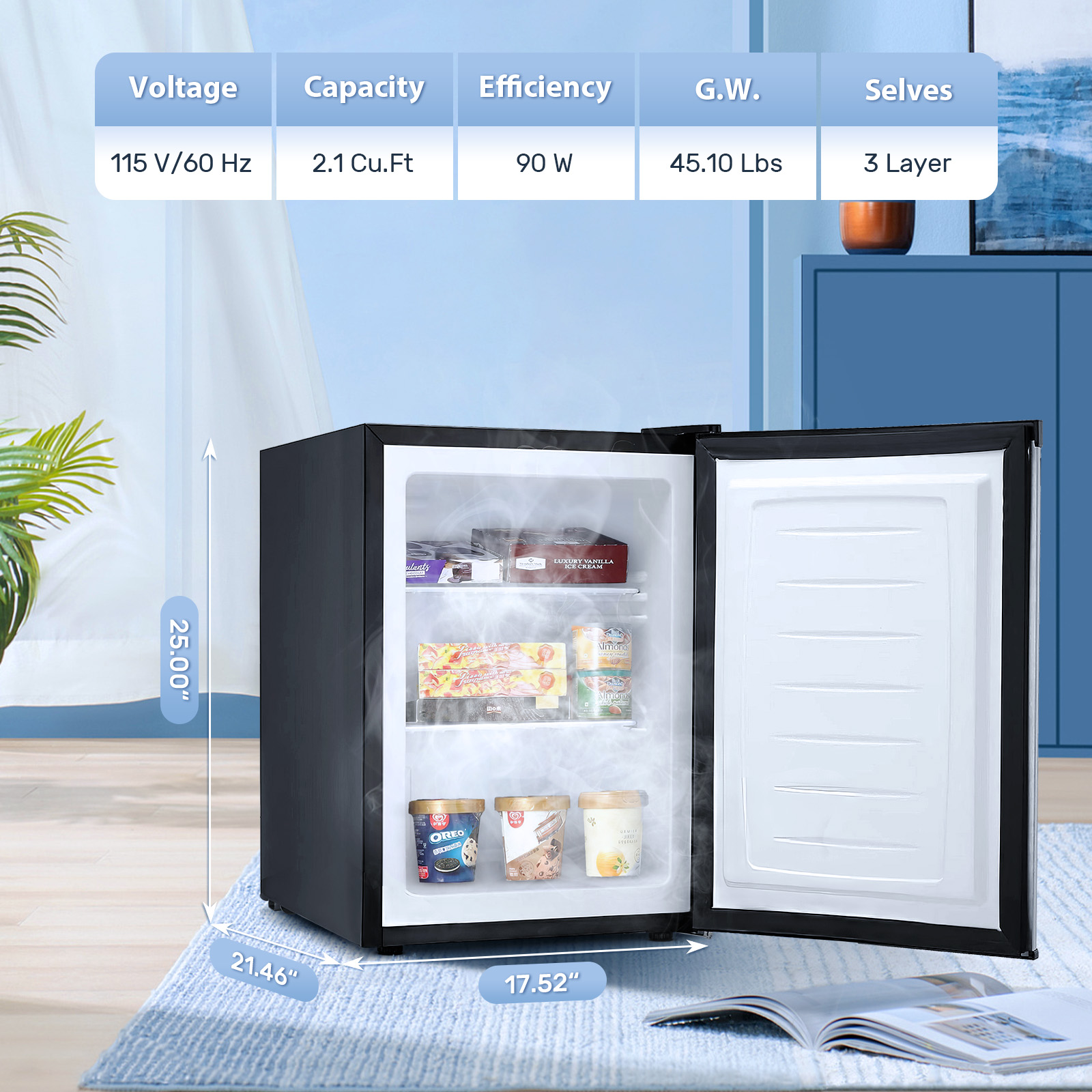 Auseo Mini Freezer Countertop, Energy Saving 2.6 Cu.ft, Single Door Compact Upright Freezer with Reversible Door for Home/Office/Kitchen-White