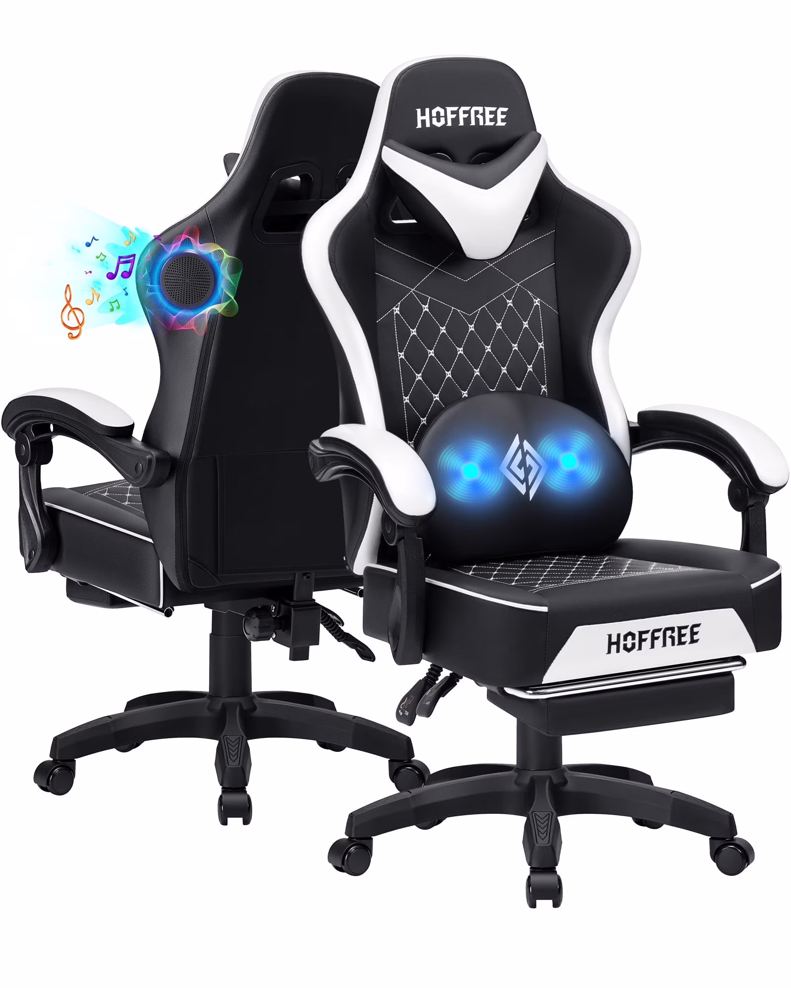 Hoffree Gaming Chair with Speakers PU Gamer Chair with footrest and massage Egonomic Computer Game Chair with Headrest and Lumbar Support for Adults and Office Gaming, 440 LBS