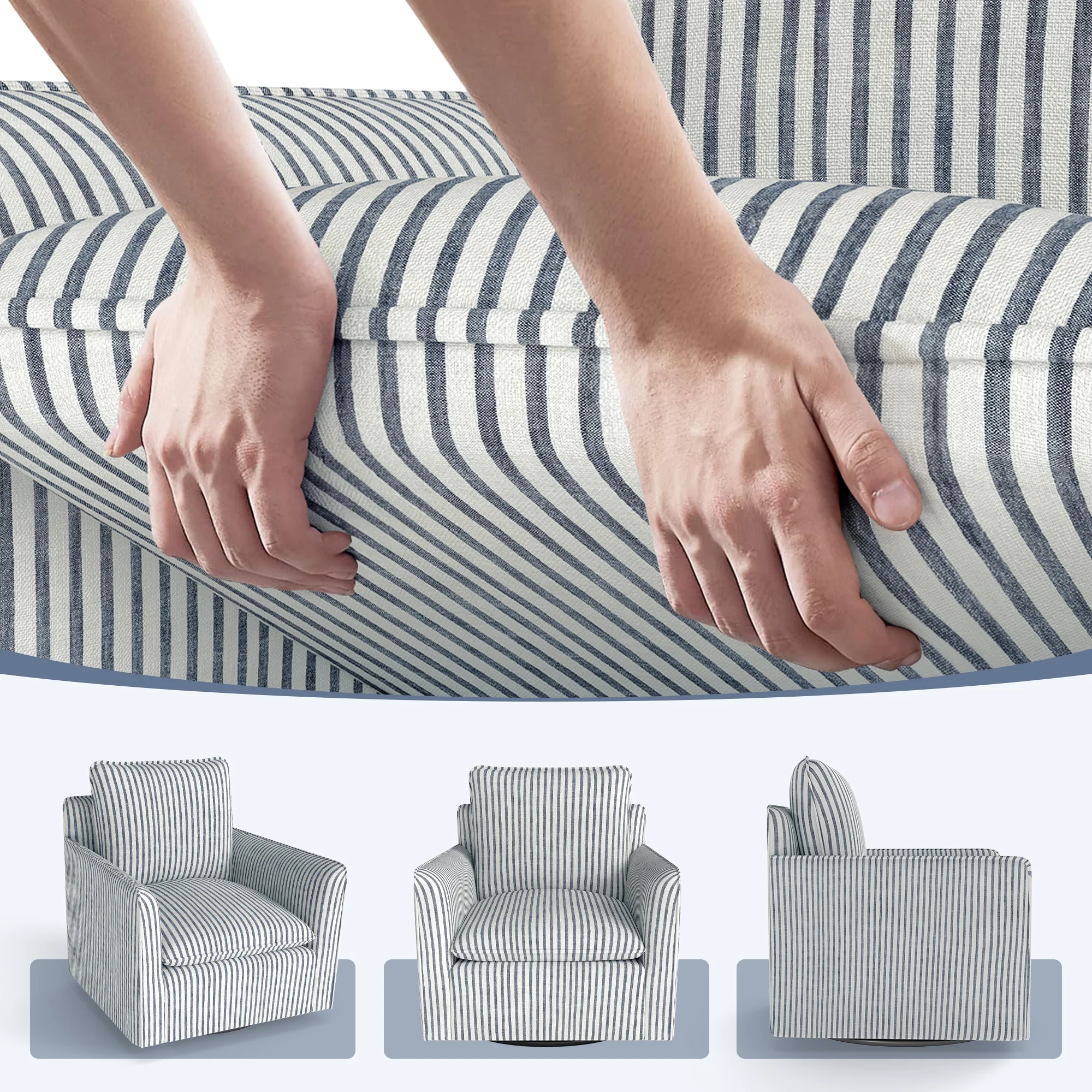 Bonzy Home 360�� Swivel Chair with Thick Cushion �C Blue Stripe Fabric Accent Chair for Living Room, Bedroom, Office �C Fully Assembled