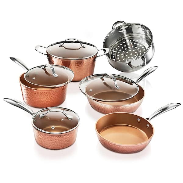 Hammered Copper 10-Piece Aluminum Non-Stick Cookware Set with Glass Lids