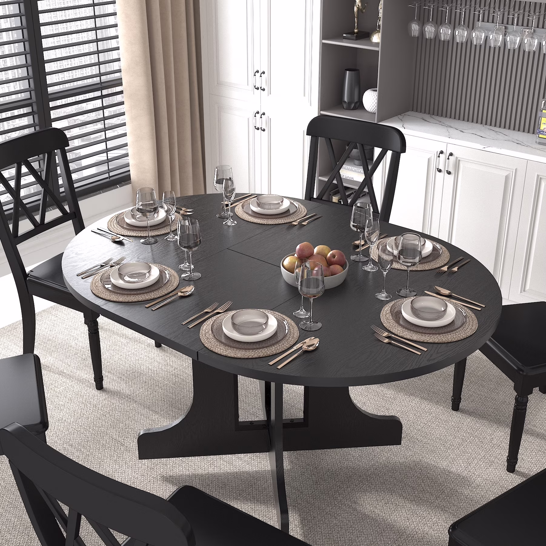 Oval Dining Table In Black For Kitchen Use, 59x43 Inch Expandable, Removable Leaf, Trestle X Base, Seats 6 Table, Shaped Construction,