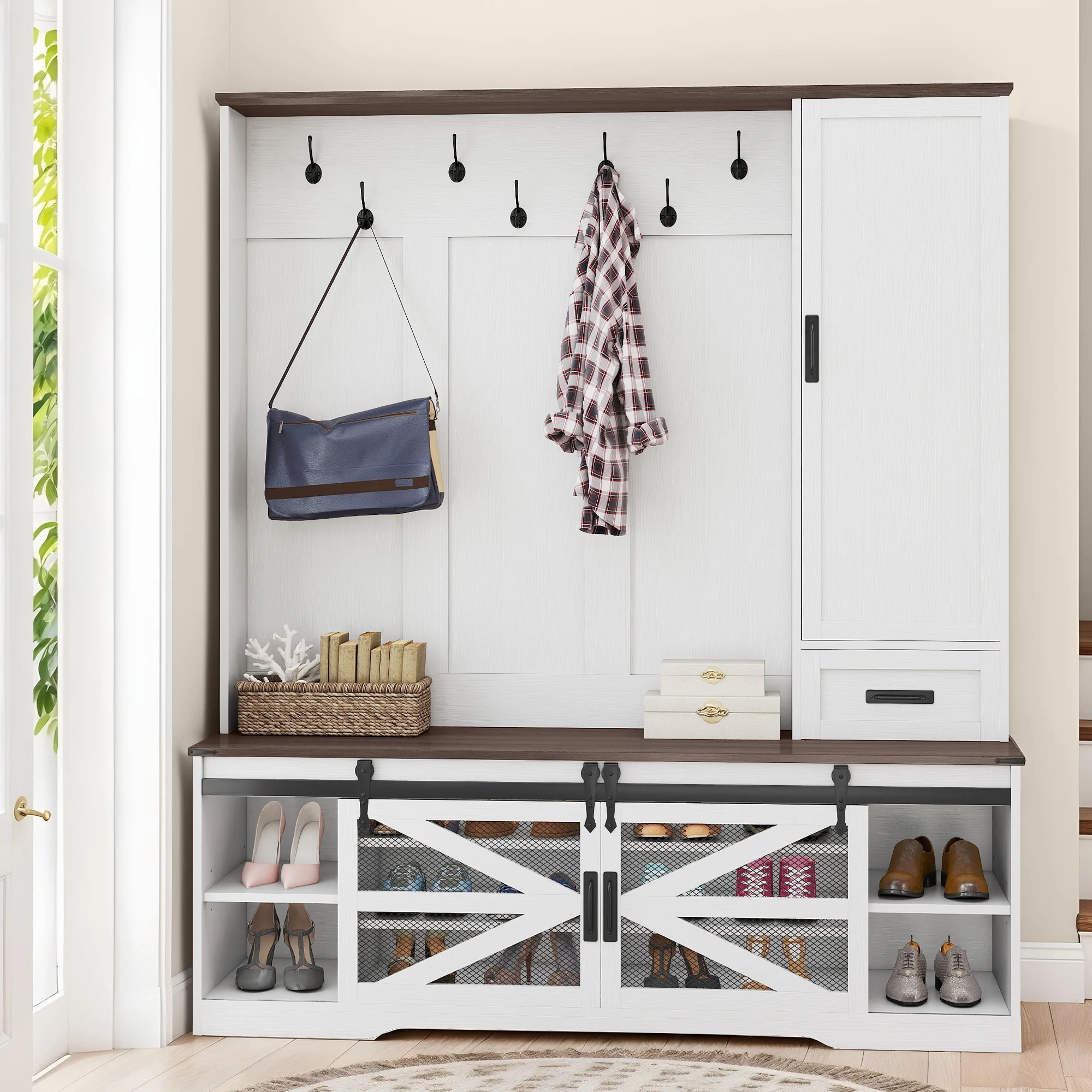 Craftian Hall Tree with Coat Rack, Shoe Storage Bench, Farmhouse Entryway Storage Organizer