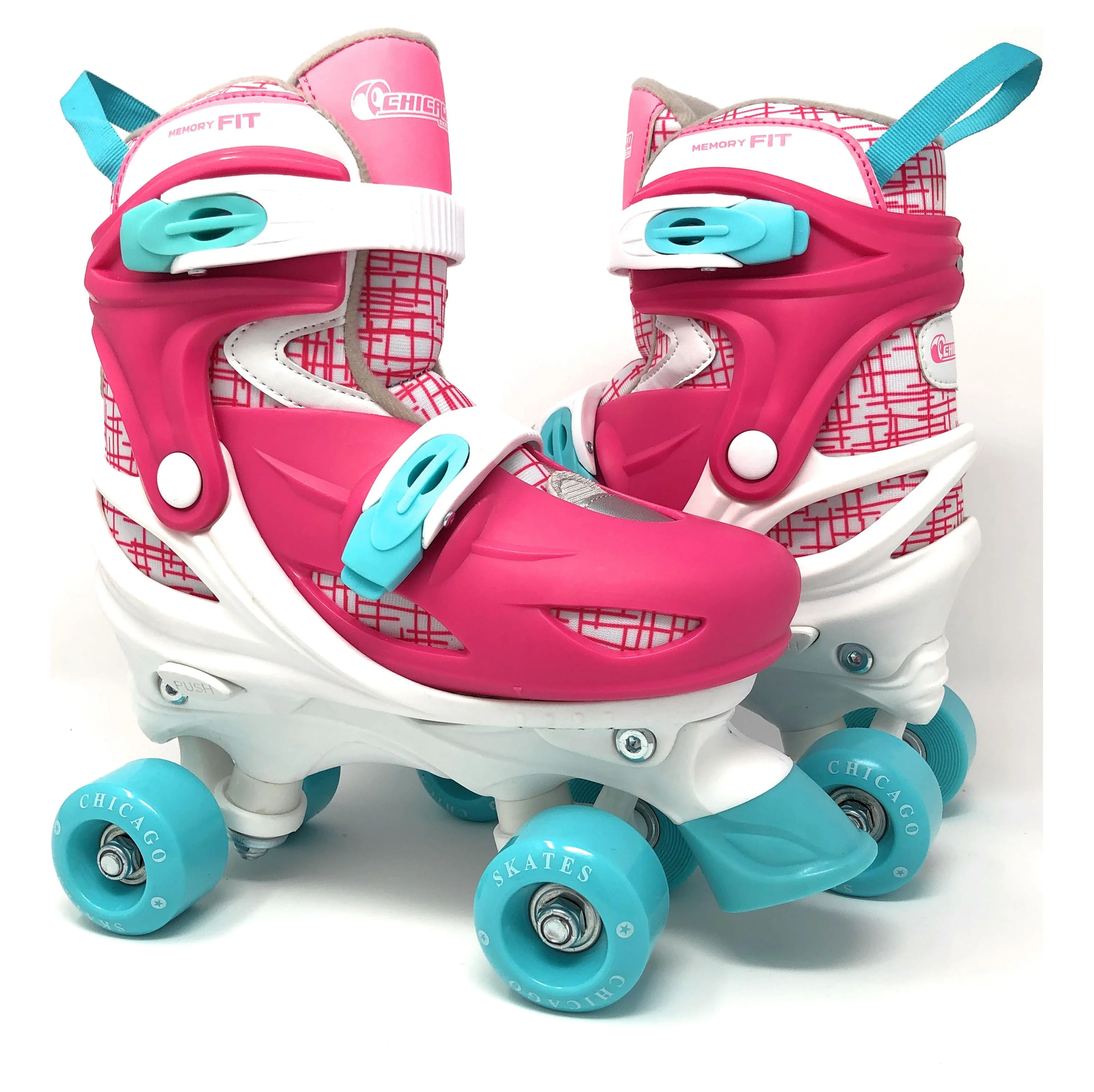 Chicago Skates Adjustable Quad Roller Skate Combo Set Pink/White/Teal – Skates, Helmet, Knee Pads, And Wrist Guards - Size Medium(1-4)