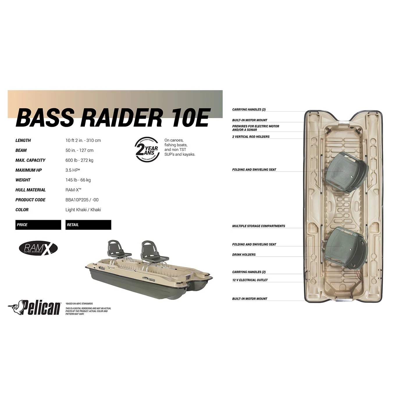 Pelican Bass Raider Boat - 2 person Fishing Boat - 10 ft