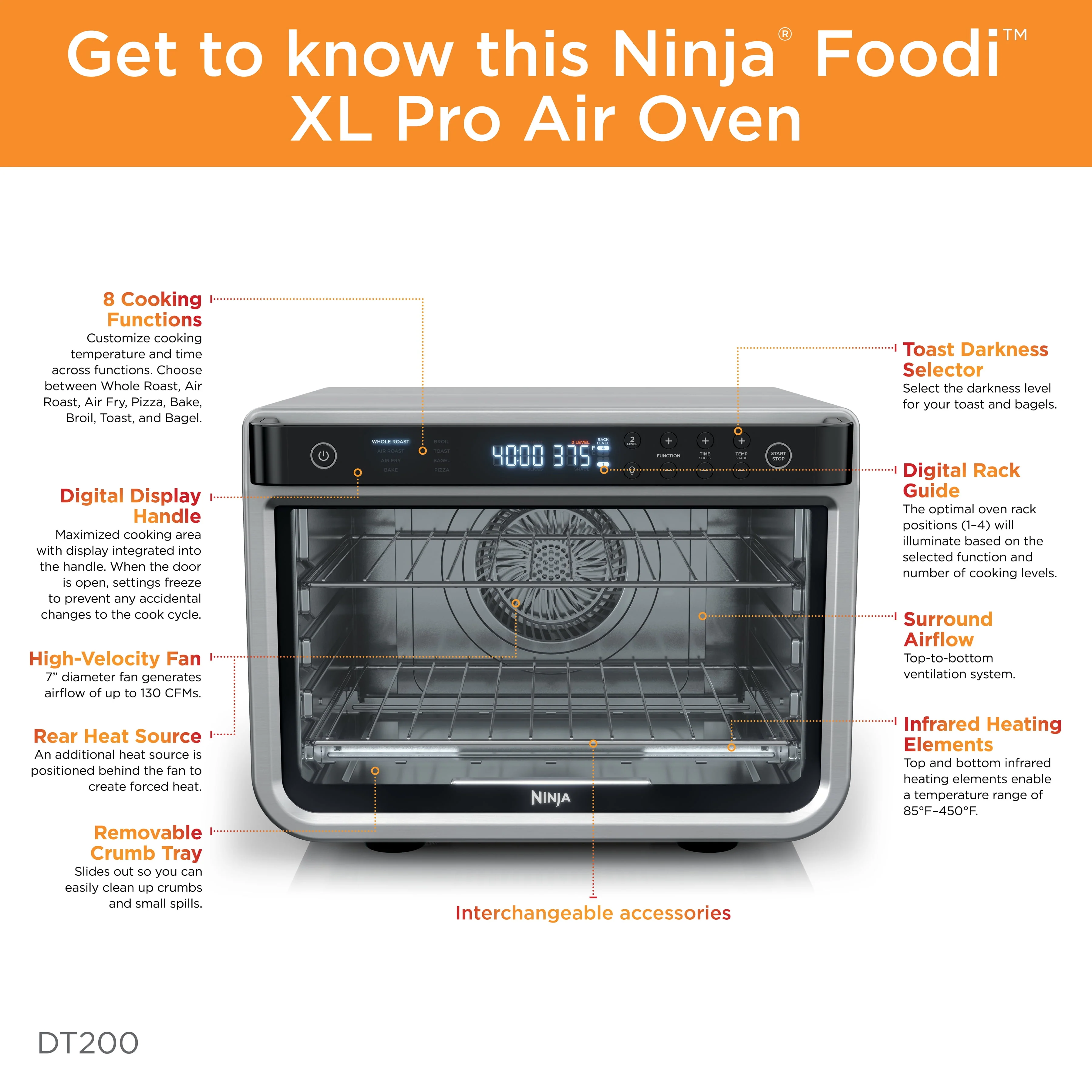 Ninja® Foodi™ 8-in-1 XL Pro Air Fry Oven, Large Countertop Convection Oven, DT200