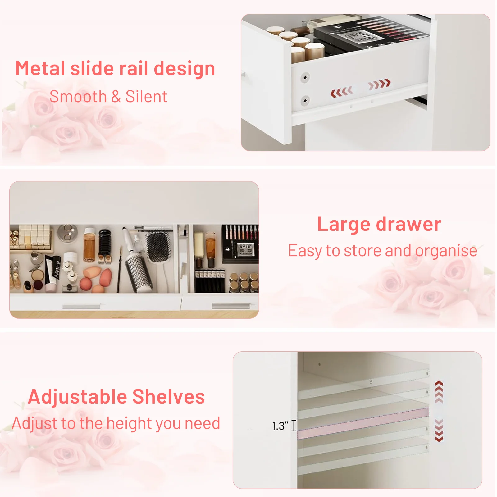 Blorly White Vanity Desk with Mirror, Makeup Vanity Table with LED Lights and Power Outlet, 3 Drawer, 4 Shelves, 1 Cabinet