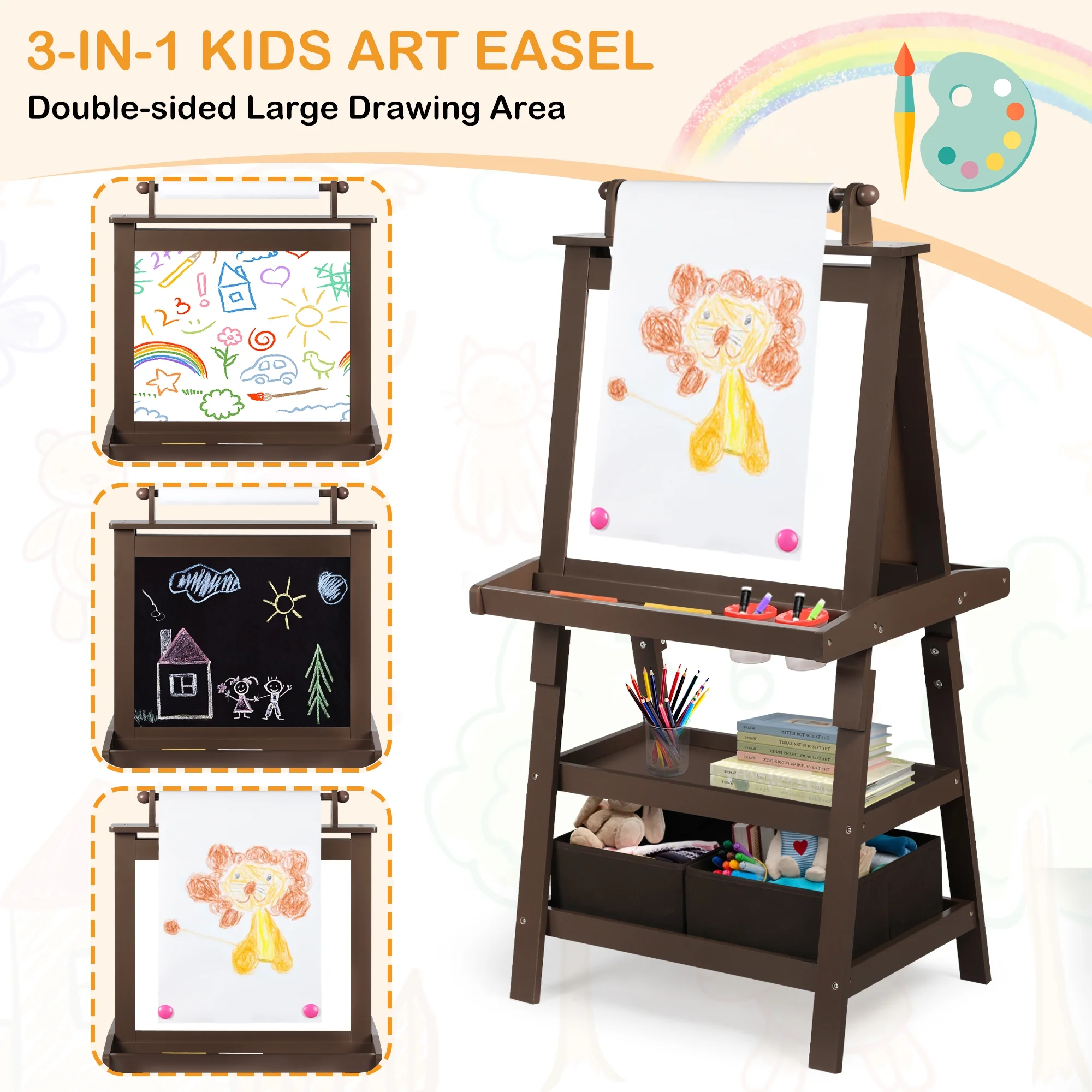 LINLUX 3 in 1 Art Easel for Kid, Whiteboard for Kid with Stand, Magnetic Chalkboard Pizarra, Grey