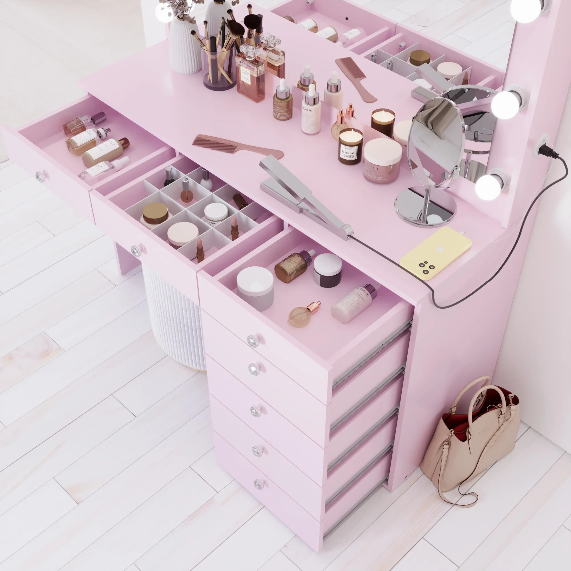 Boahaus GRWM Diana White Makeup Vanity with 7 Drawers, Mirror, Lights & Charging Station