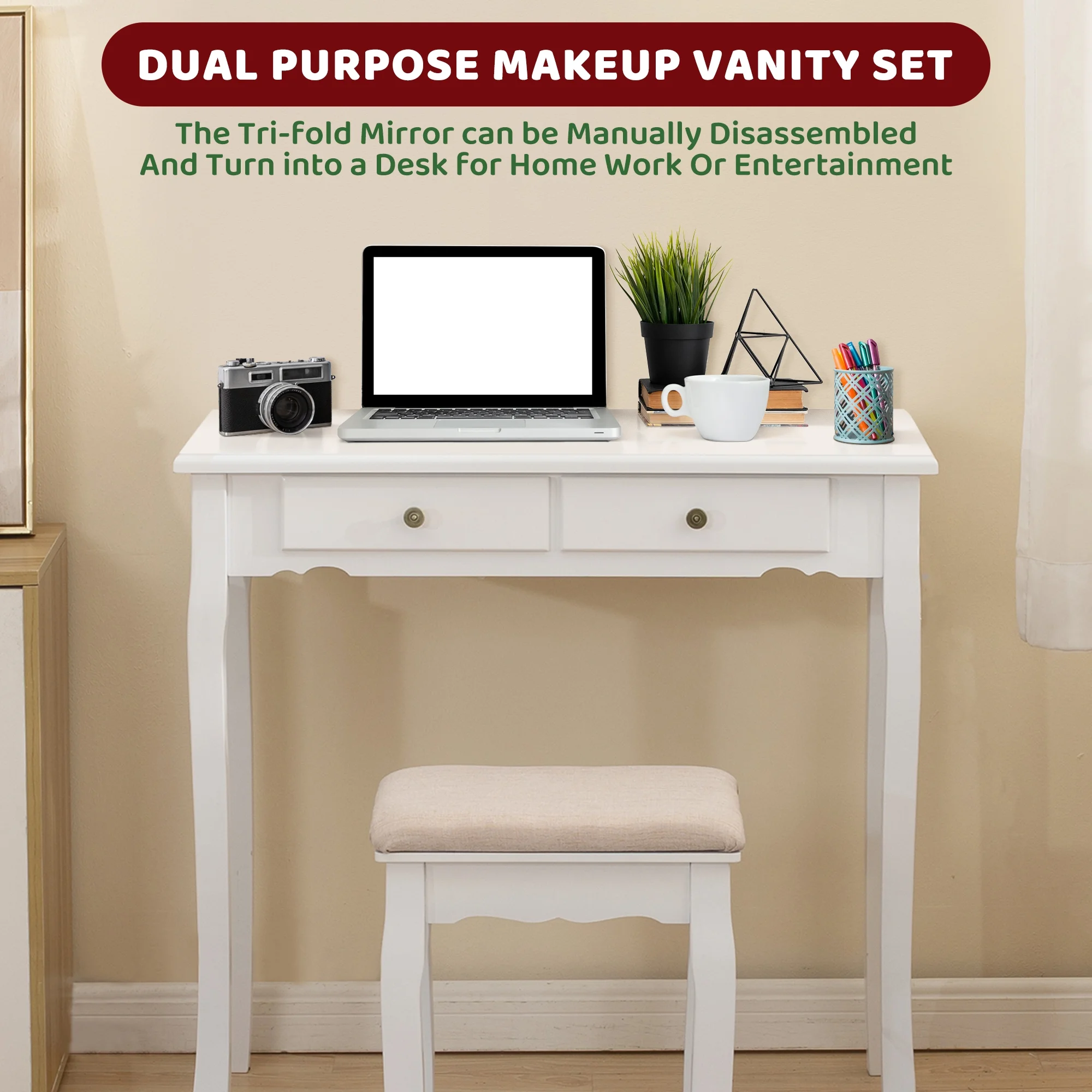 LilyFantasy Makeup Vanity with Lights, Vanity Desk with Cushioned Stool, Tri-fold Vanity Table Set with 4 Drawers, 3 Adjustable Light Modes, 2 Brush Slots, 2 Open Compartments for Girls, Women, White