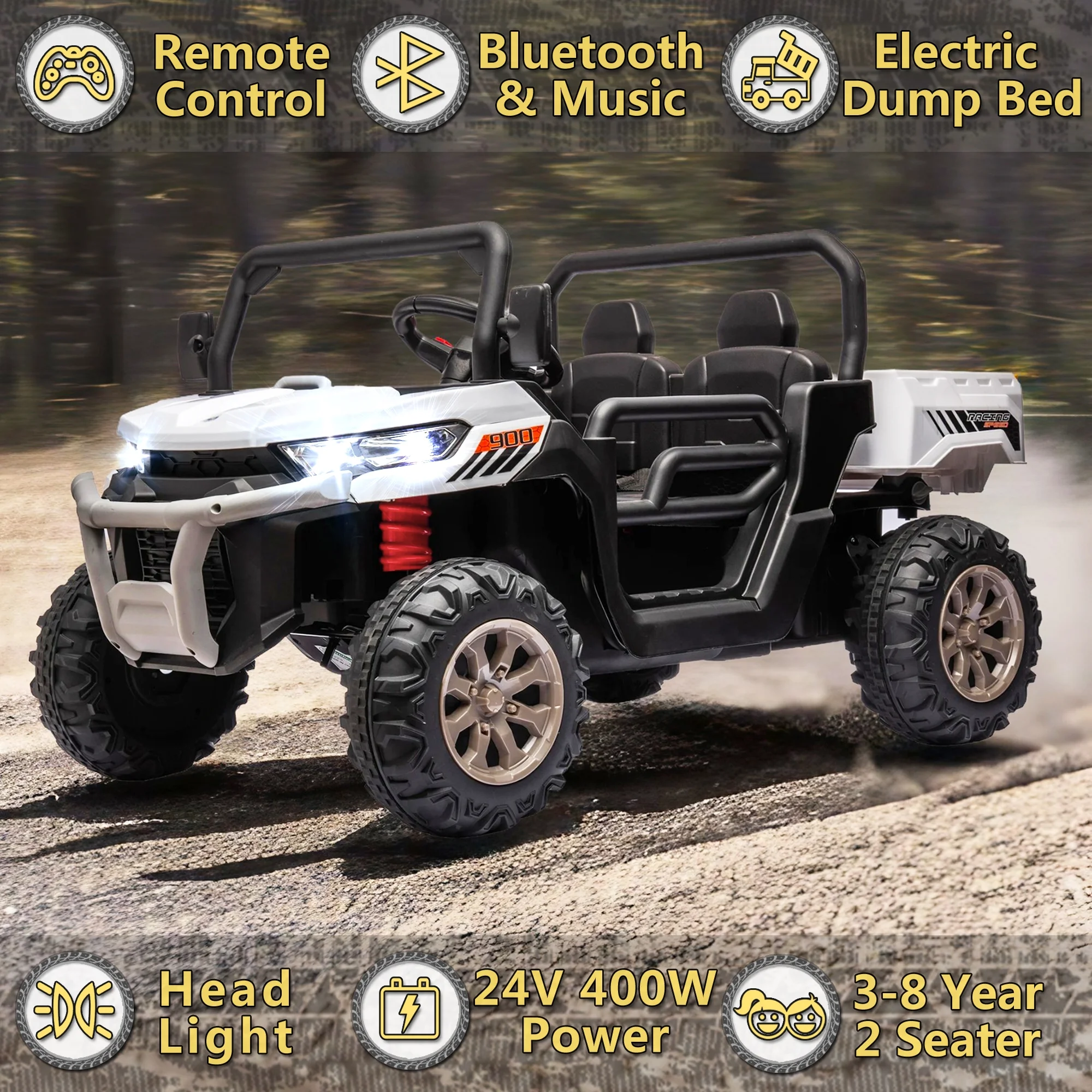 Xuanlur 24V 2 Seater Kids Ride on Car Truck, Ride on UTV W/ 2x200W Motor, 24 Volt Ride on Toys W/ Dump Bed/Shovel, Electric Car for Kids W/ Durable Tires, LED Light, Music, Remote Control, Black