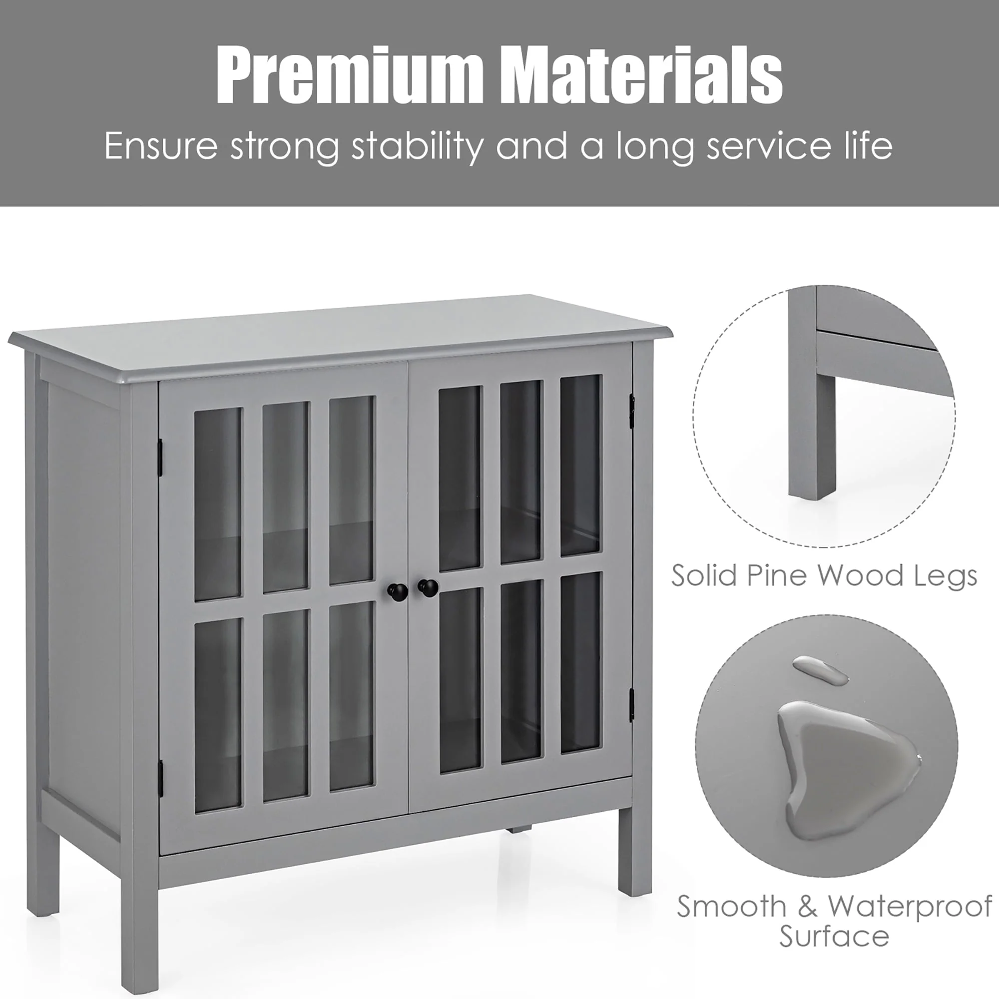 Costway Storage Buffet Cabinet Glass Door Sideboard Console Table Server Gray