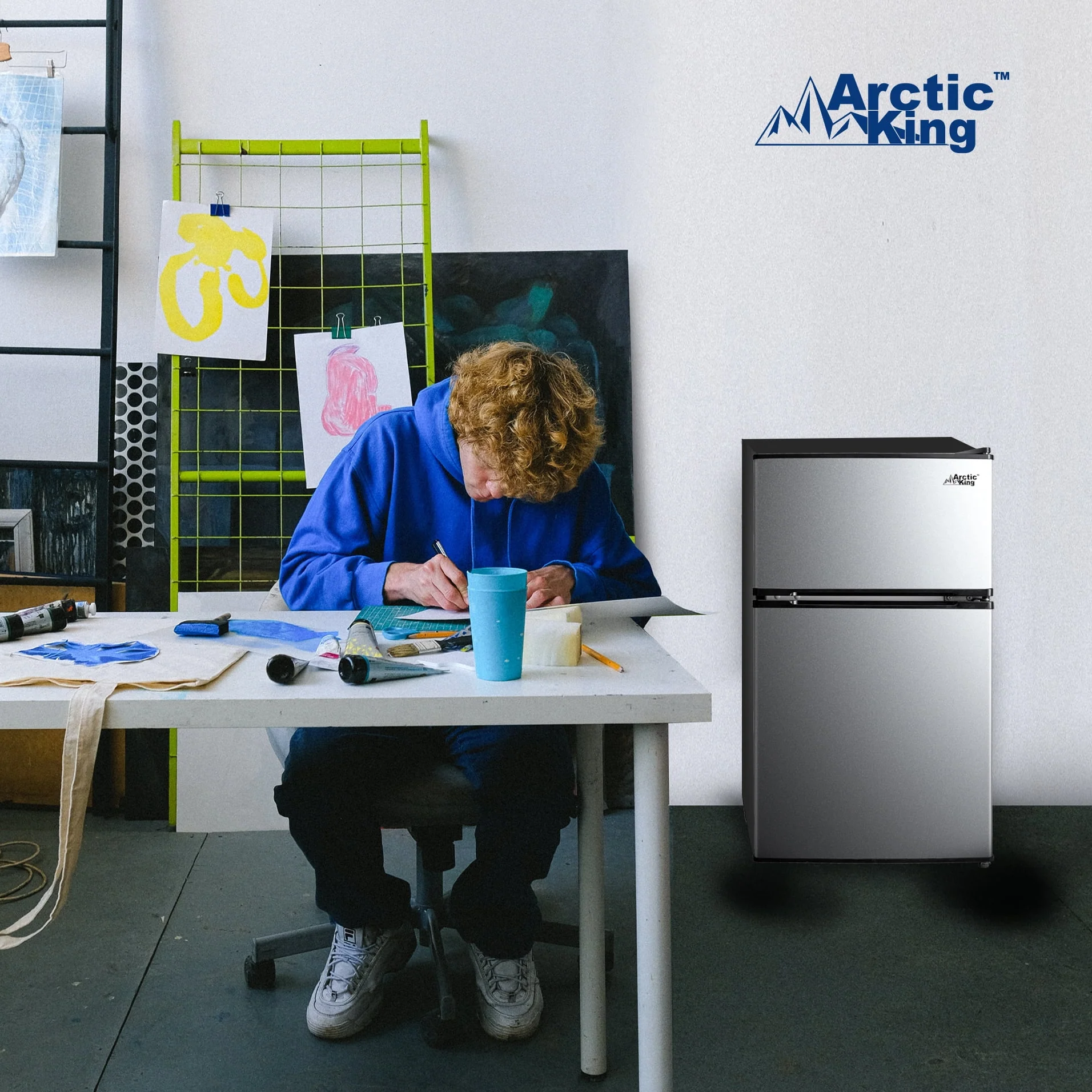 Arctic King 3.2 Cu ft Two Door Mini Fridge with Freezer, Stainless Steel, E-Star, ARM32D5ASL
